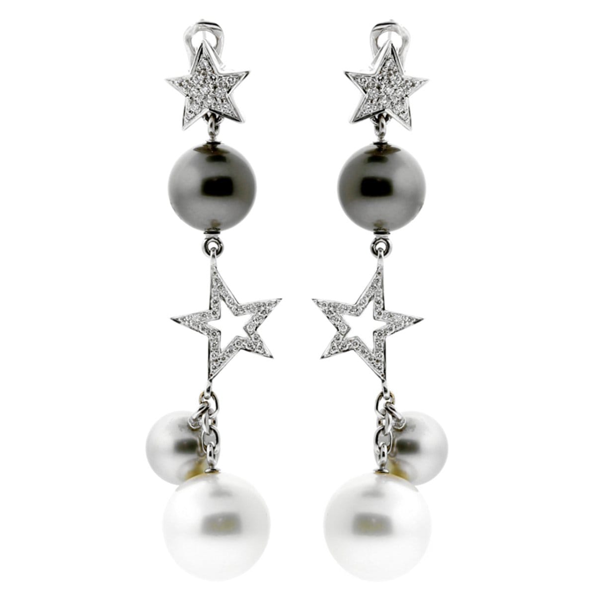 Chanel Vintage Comete Diamond Pearl Drop 18k White Gold Earrings