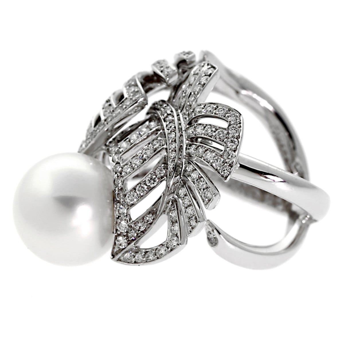 Chanel Vintage Pearl Diamond 18k White Gold Cocktail Ring Sz 6