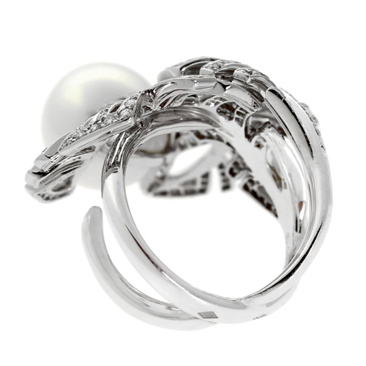 Chanel Vintage Pearl Diamond 18k White Gold Cocktail Ring Sz 6