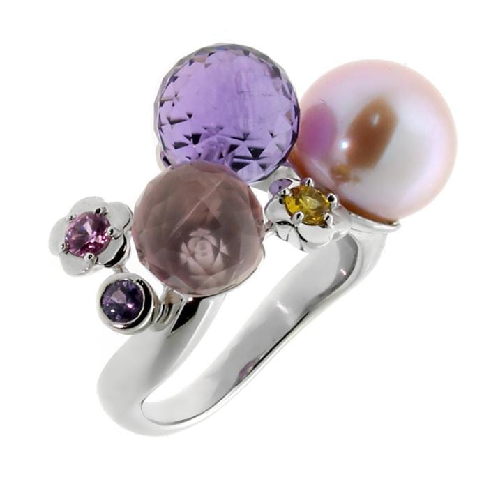 Chanel Camelia Gemstone Pearl 18k White Gold Cocktail Band Ring Sz 5 1/2