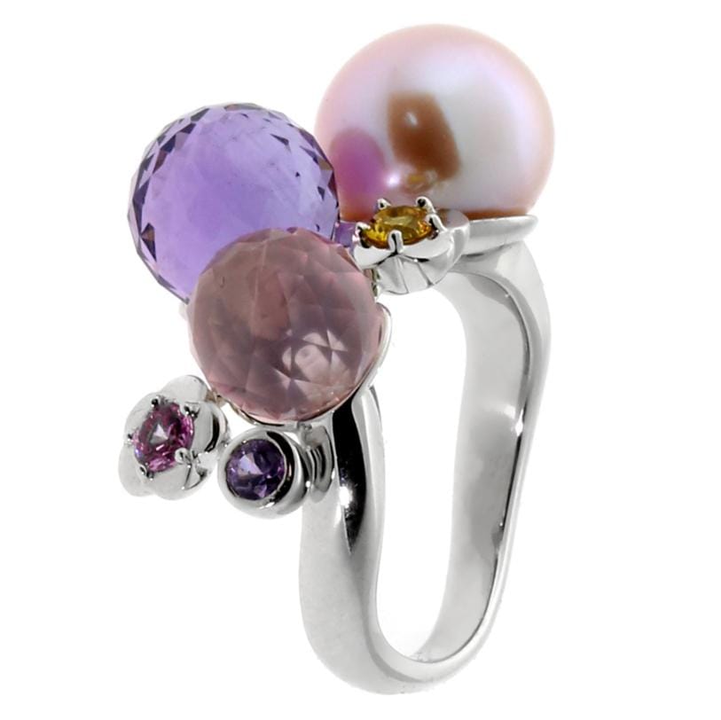 Chanel Camelia Gemstone Pearl 18k White Gold Cocktail Band Ring Sz 5 1/2