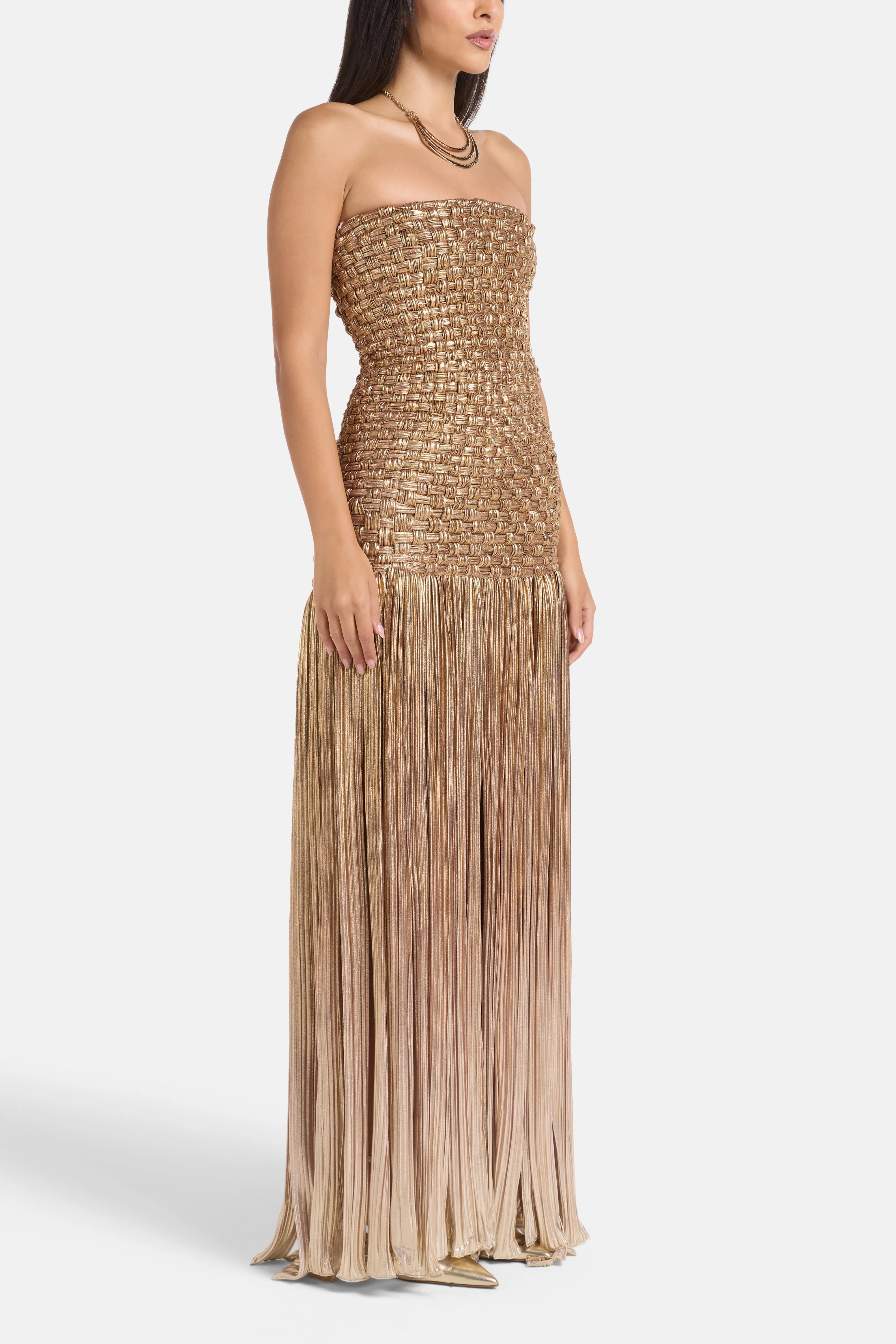 MAYLE VASQUEZ El Dorado Fringes Woven Maxi Dress in Gold