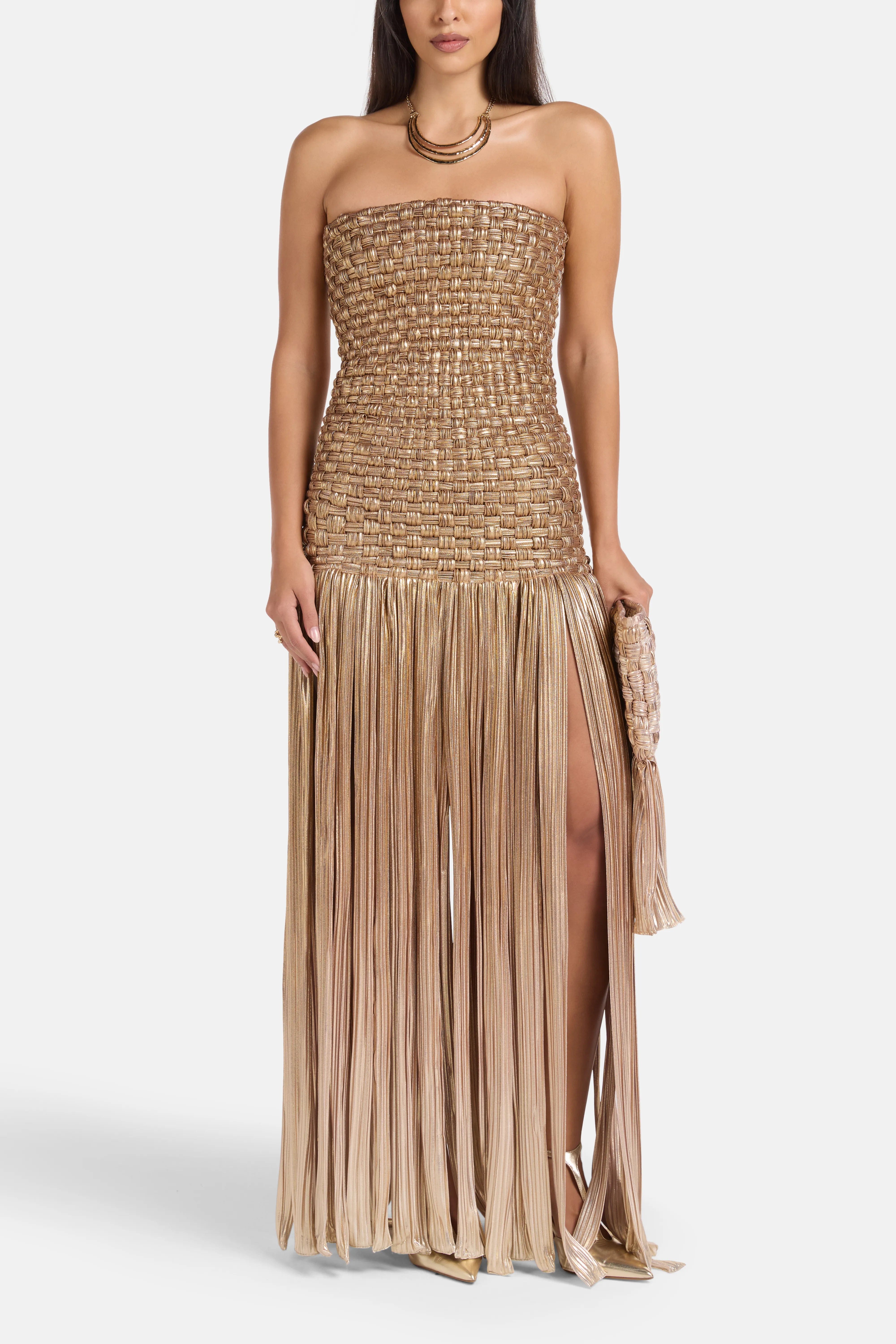 MAYLE VASQUEZ El Dorado Fringes Woven Maxi Dress in Gold