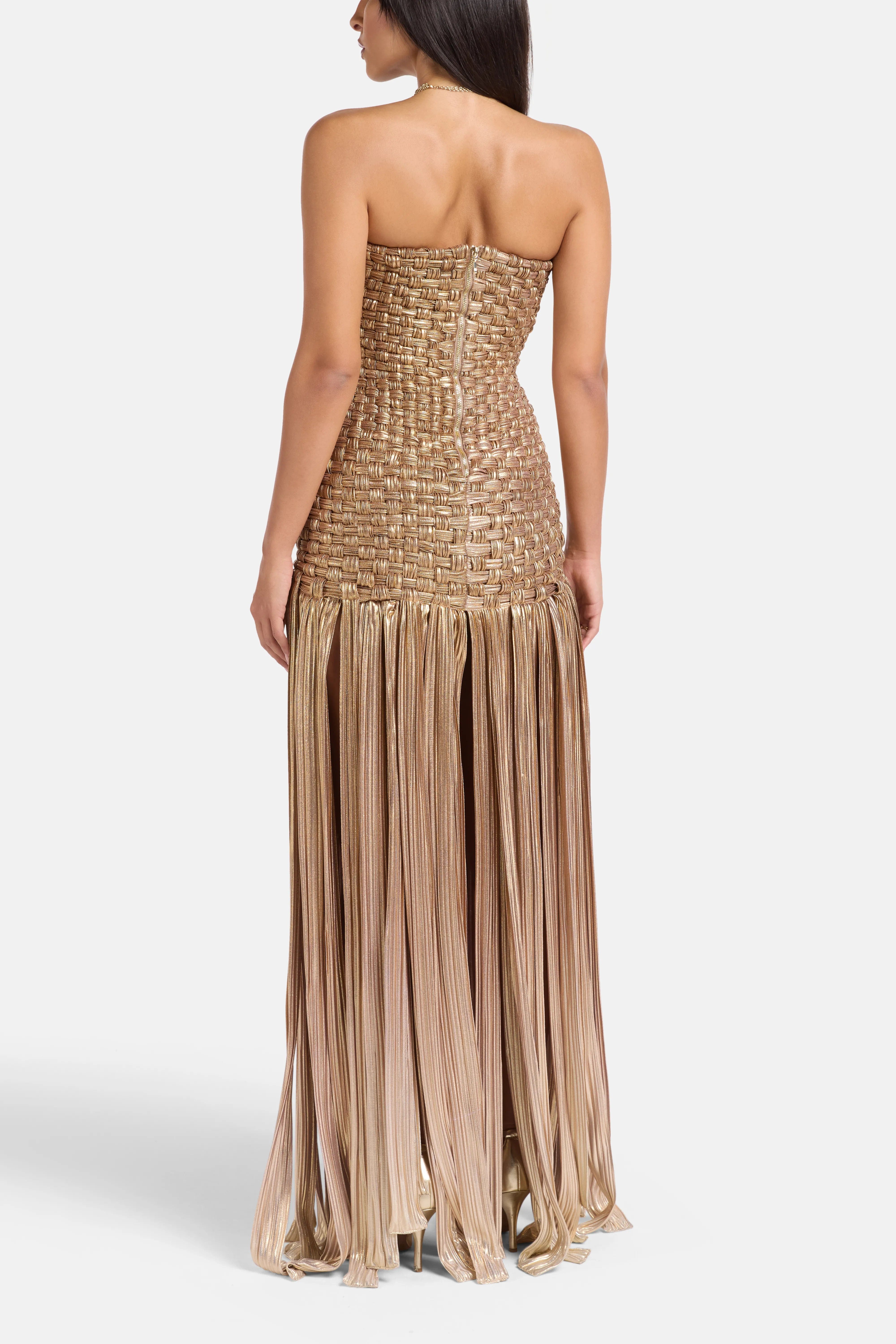 MAYLE VASQUEZ El Dorado Fringes Woven Maxi Dress in Gold