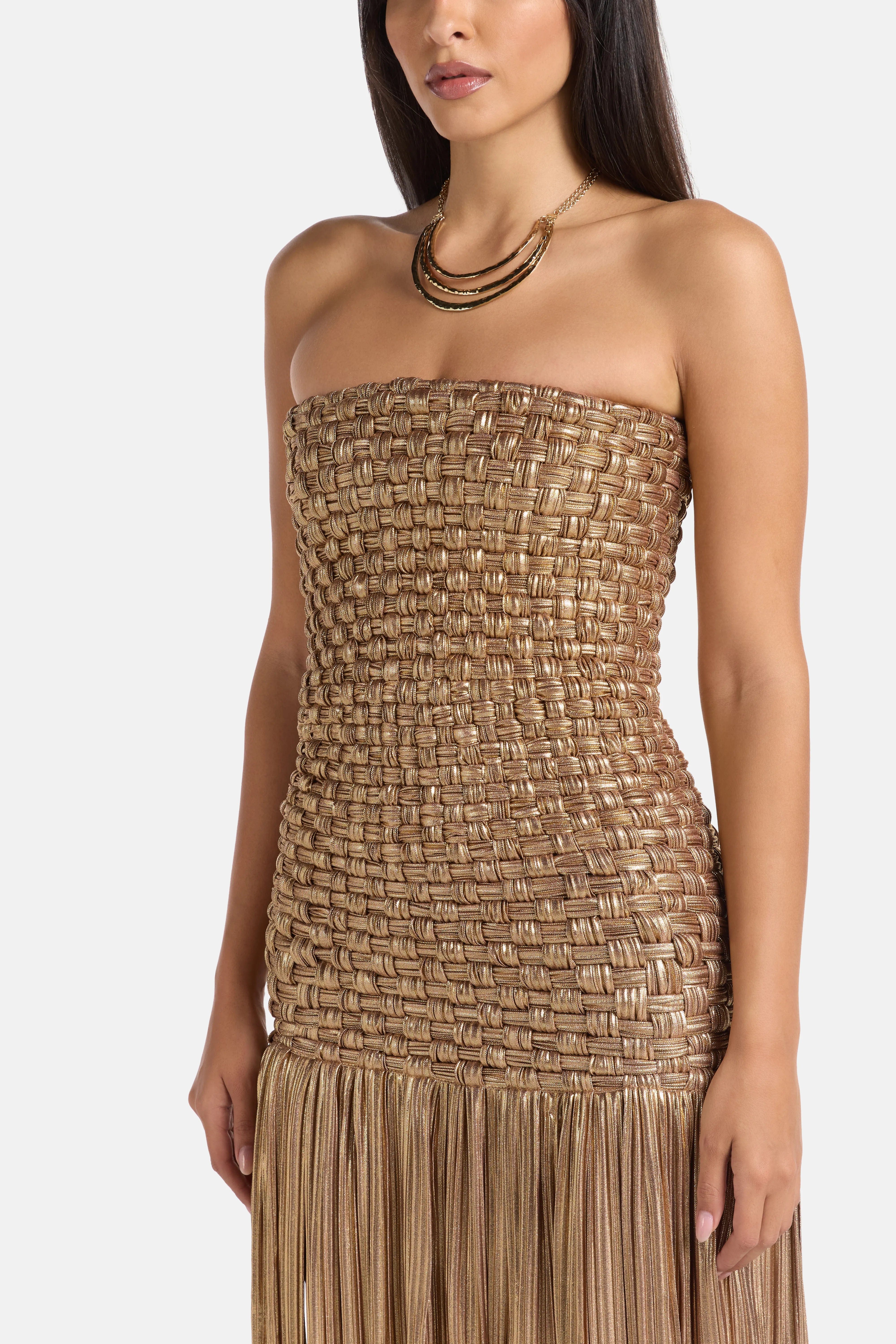 MAYLE VASQUEZ El Dorado Fringes Woven Maxi Dress in Gold