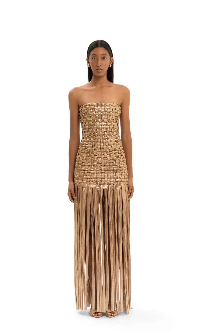MAYLE VASQUEZ El Dorado Fringes Woven Maxi Dress in Gold