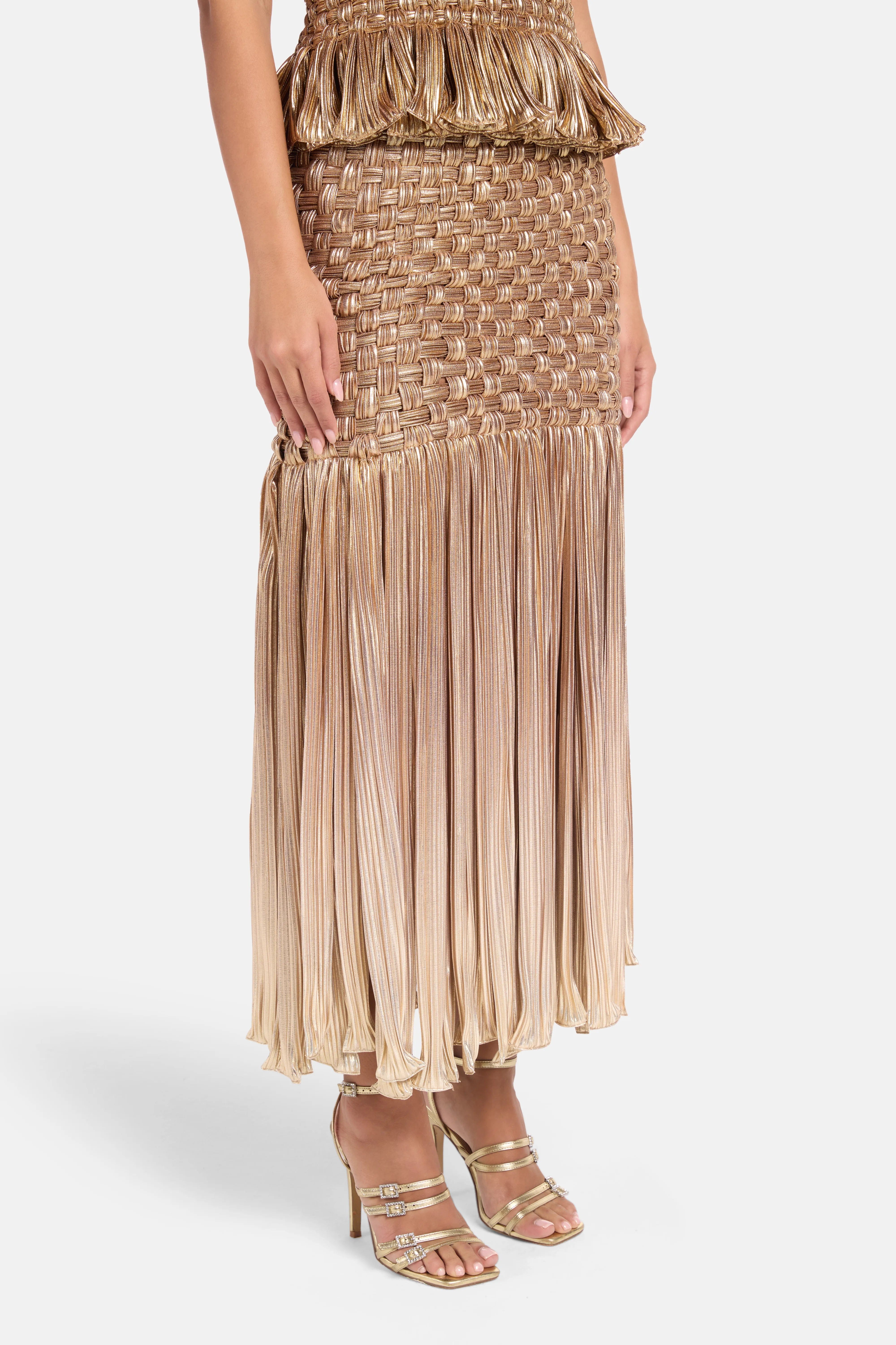 MAYLE VASQUEZ Canoa Fringes Woven Midi Skirt in Gold