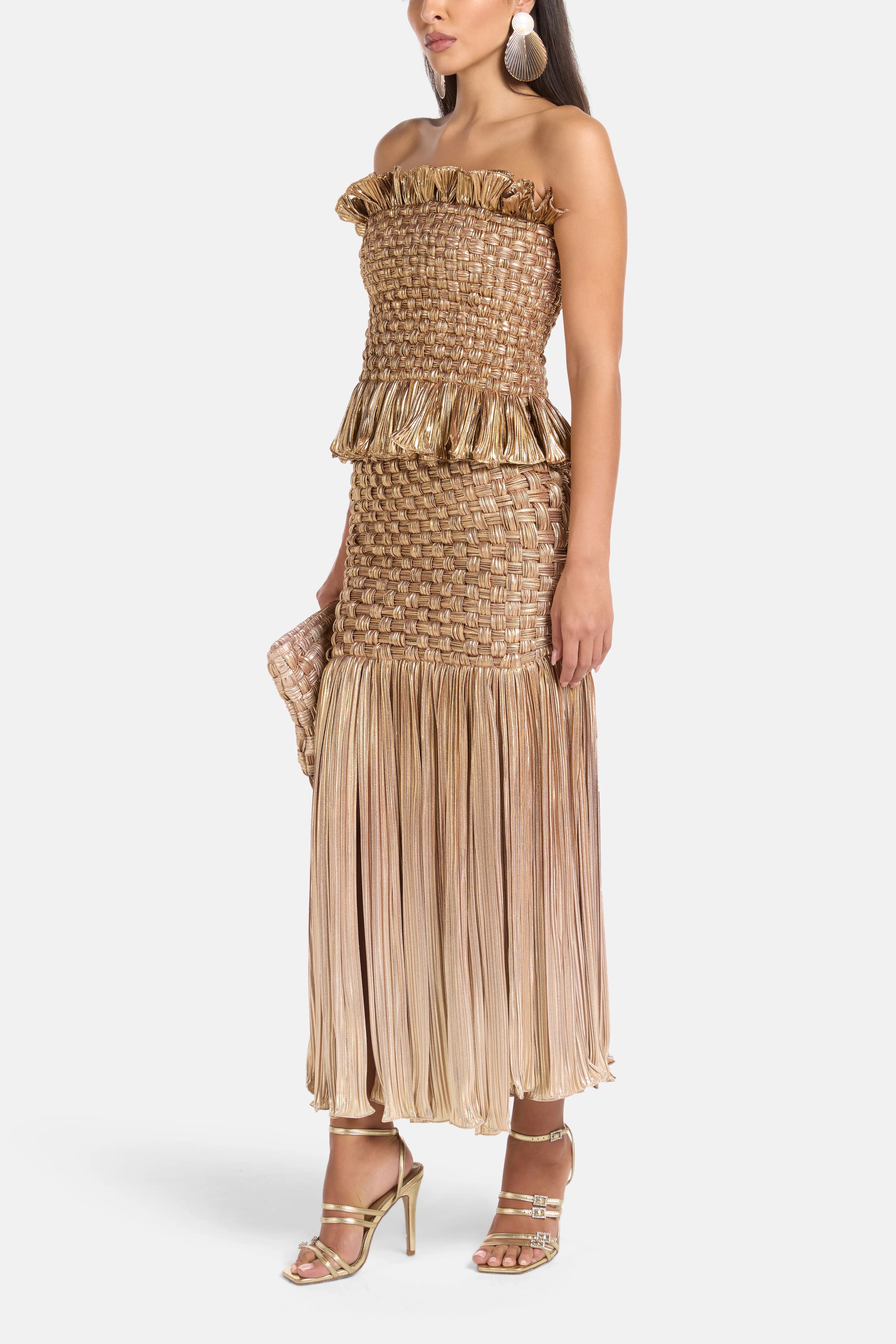 MAYLE VASQUEZ Canoa Fringes Woven Midi Skirt in Gold