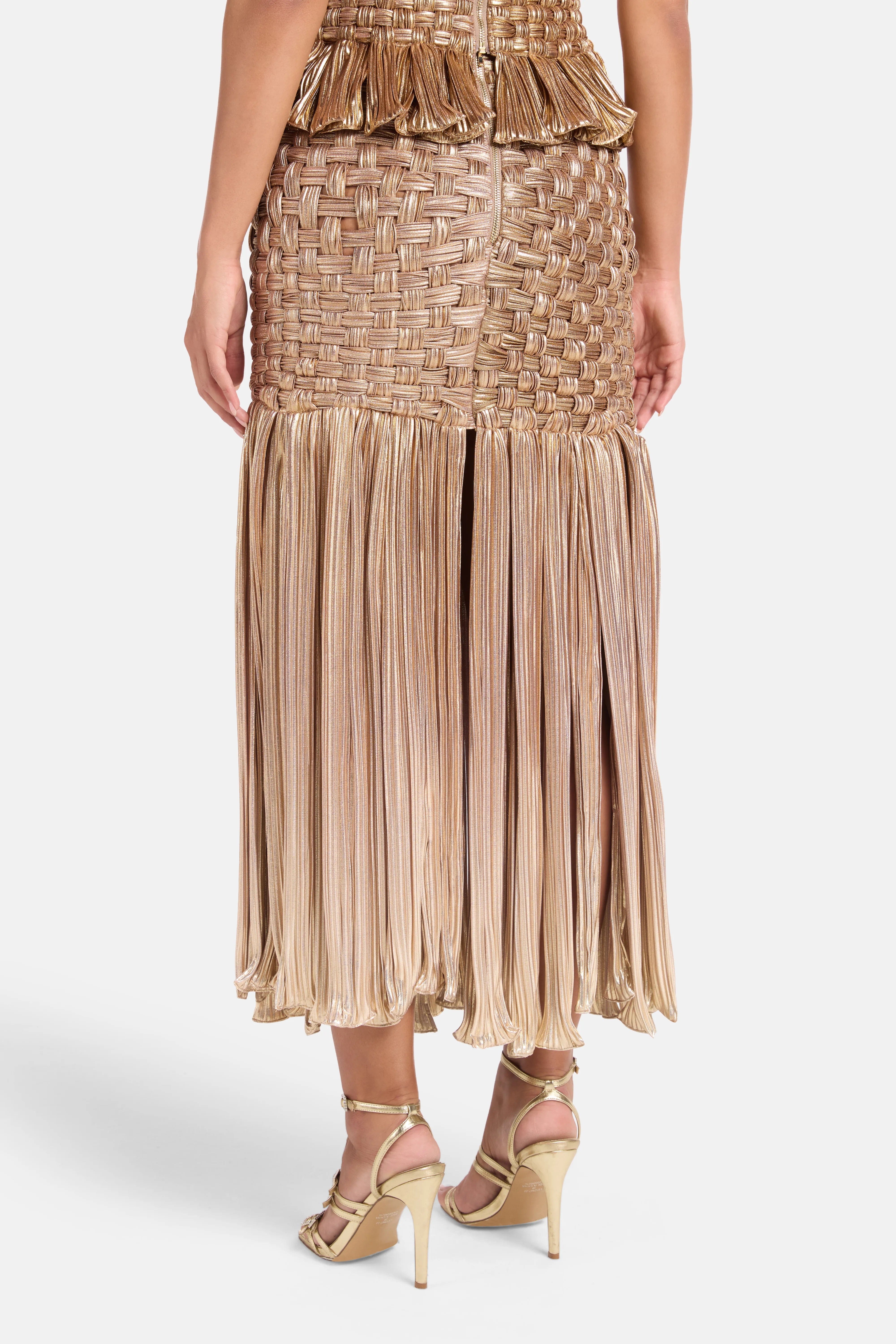 MAYLE VASQUEZ Canoa Fringes Woven Midi Skirt in Gold