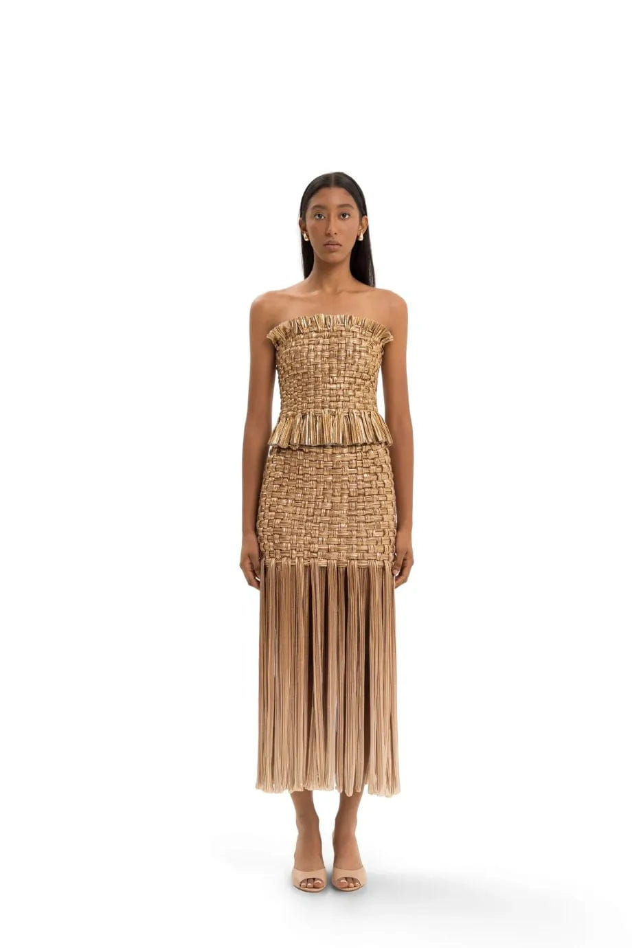 MAYLE VASQUEZ Canoa Fringes Woven Midi Skirt in Gold