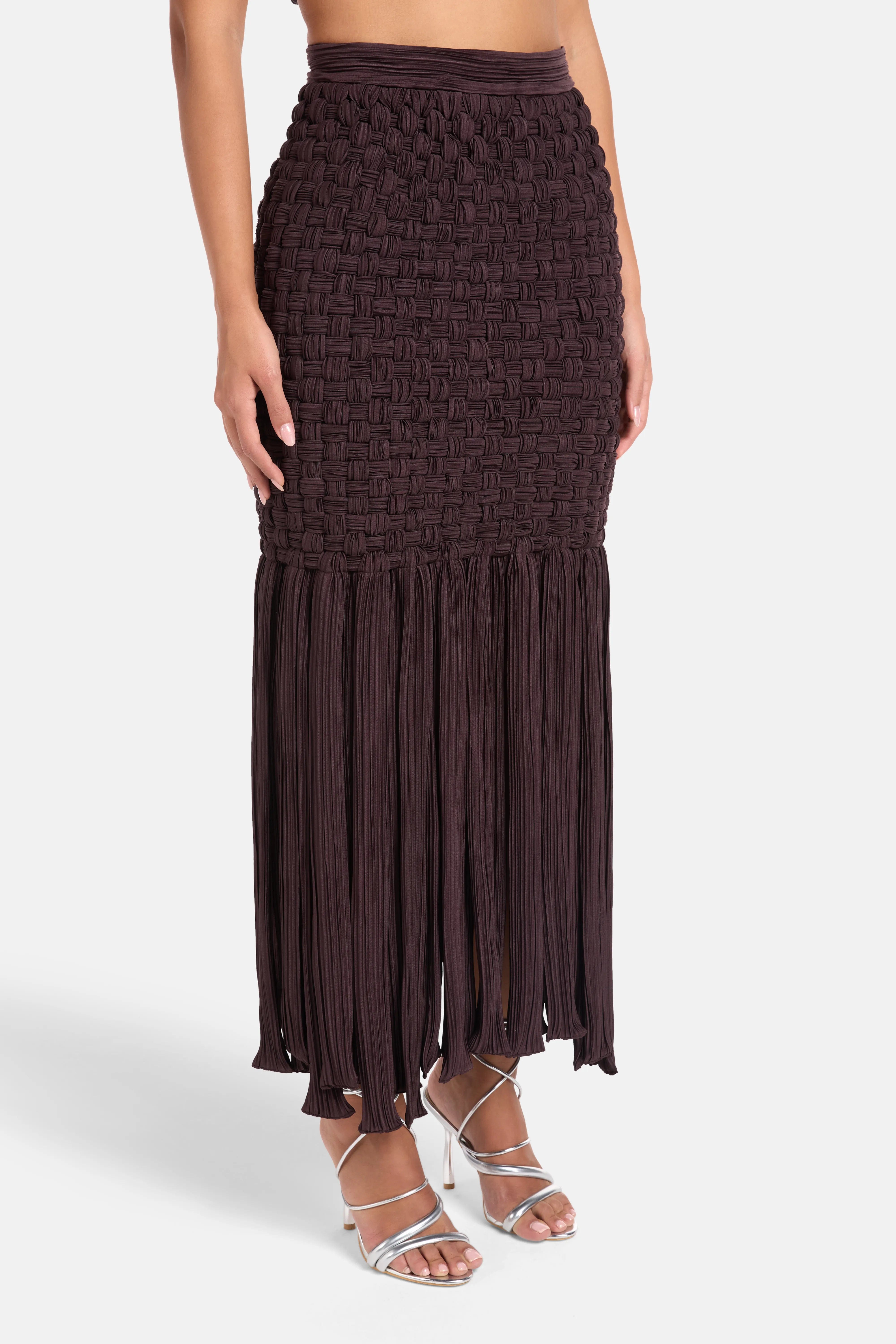 MAYLE VASQUEZ Yara Fringes Woven Midi Skirt in Brown