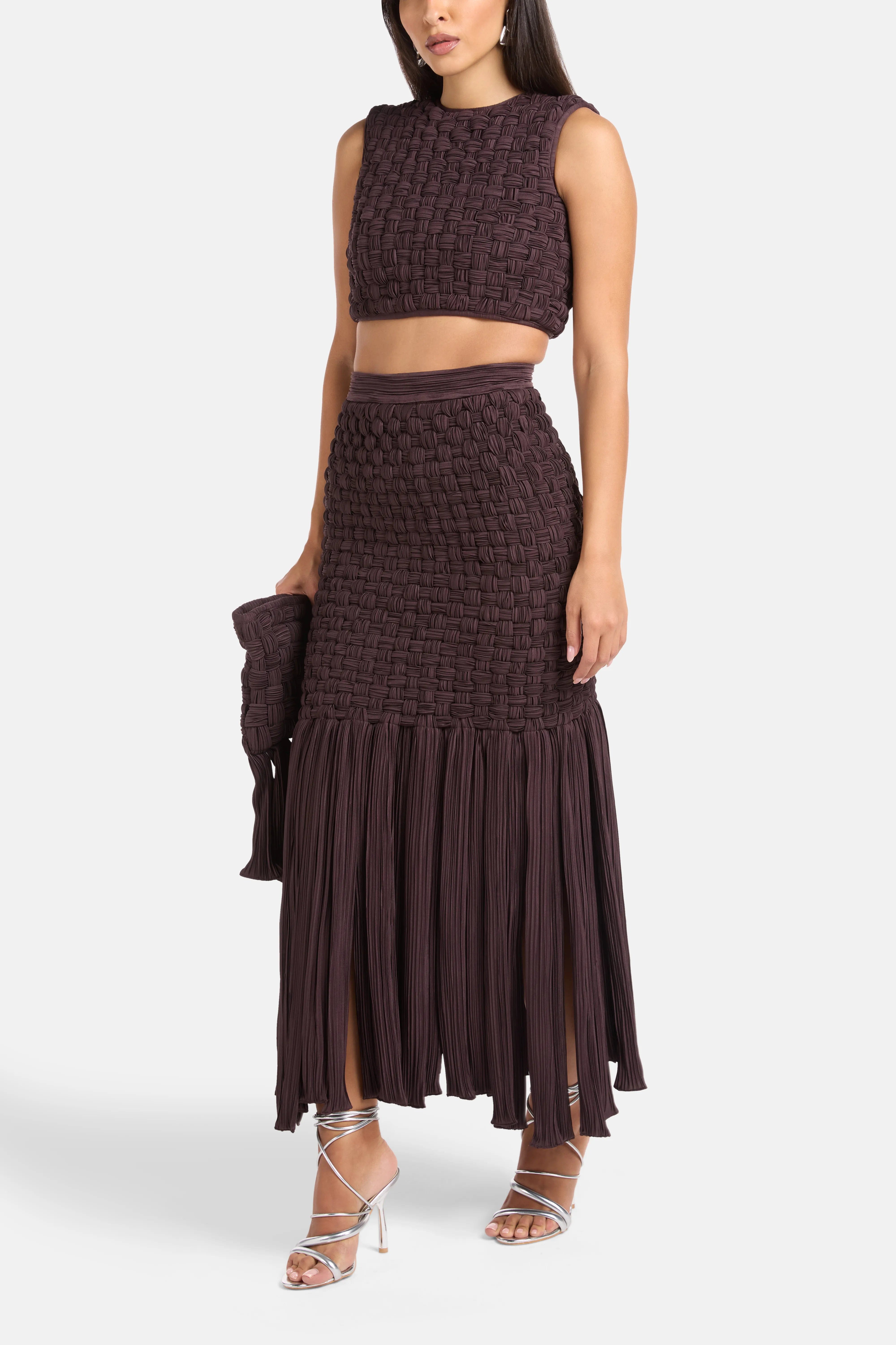 MAYLE VASQUEZ Yara Fringes Woven Midi Skirt in Brown