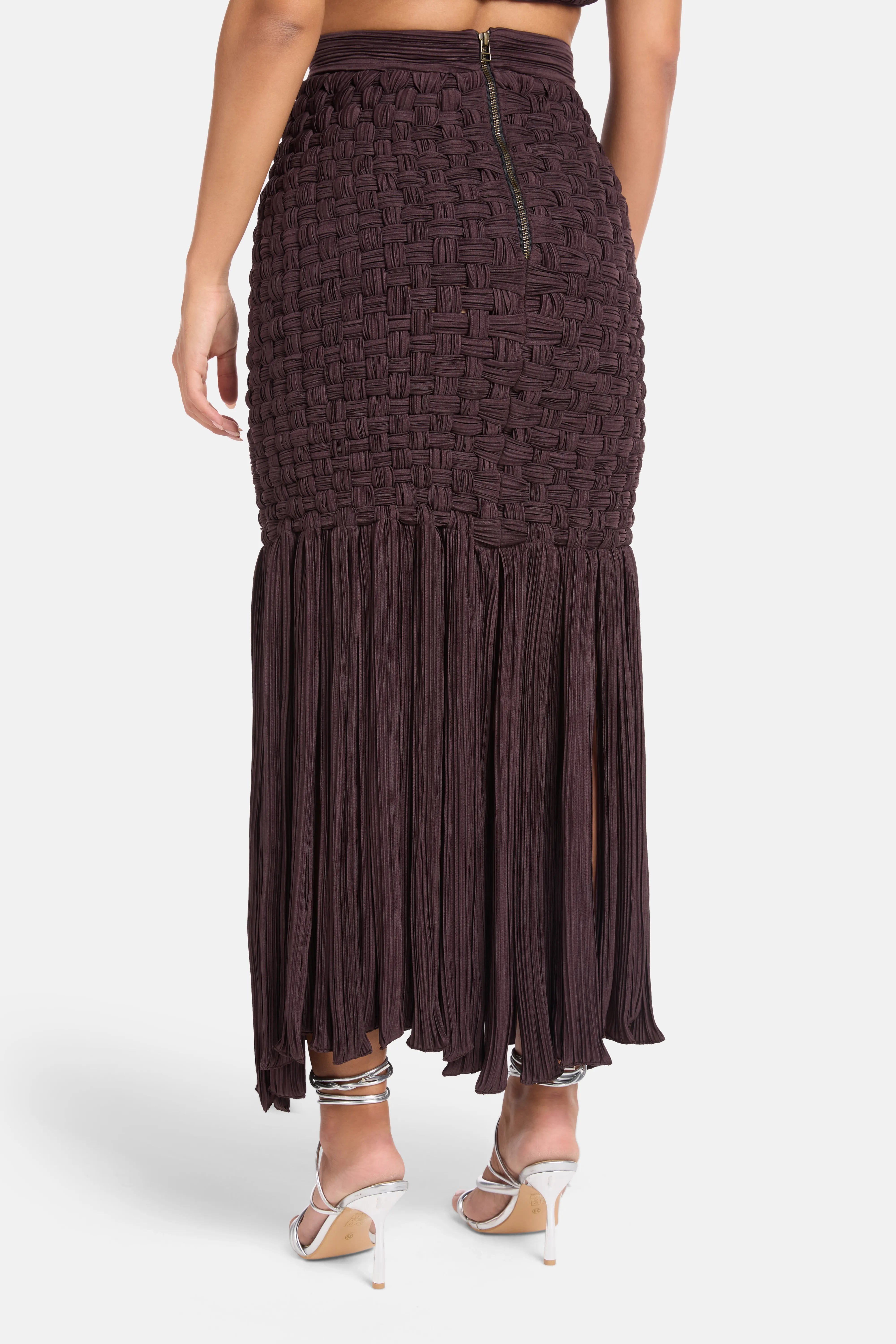 MAYLE VASQUEZ Yara Fringes Woven Midi Skirt in Brown