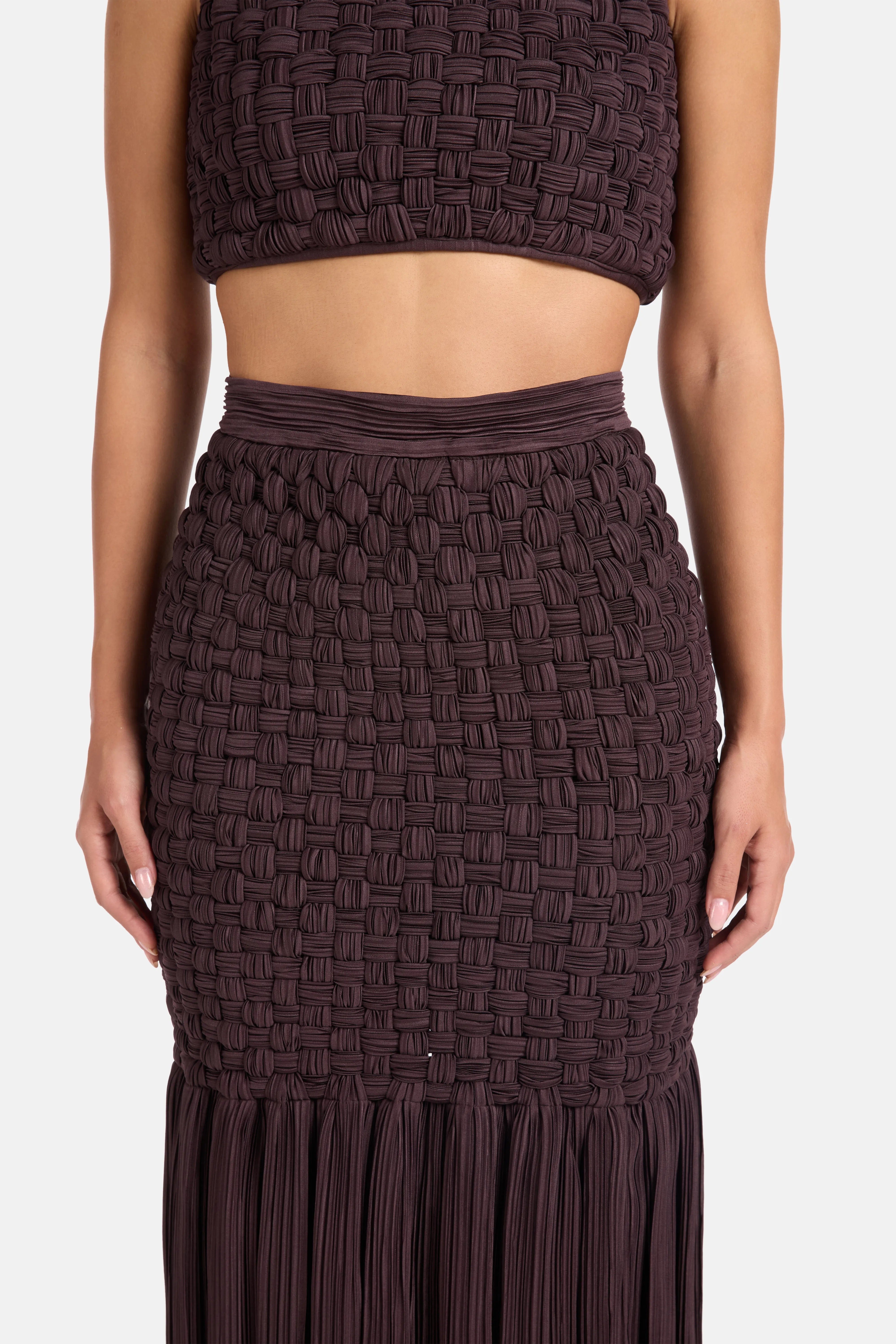 MAYLE VASQUEZ Yara Fringes Woven Midi Skirt in Brown