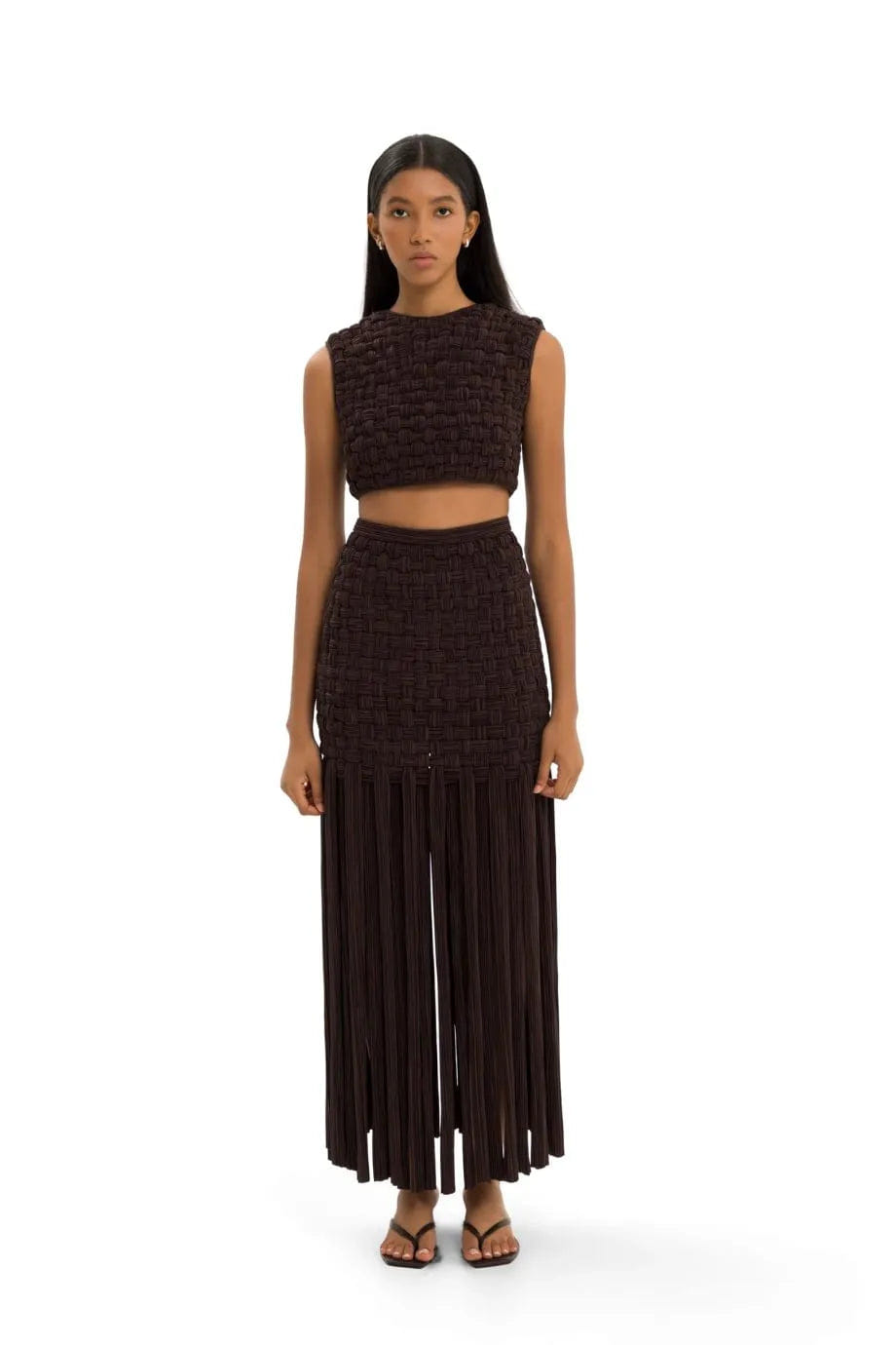 MAYLE VASQUEZ Yara Fringes Woven Midi Skirt in Brown