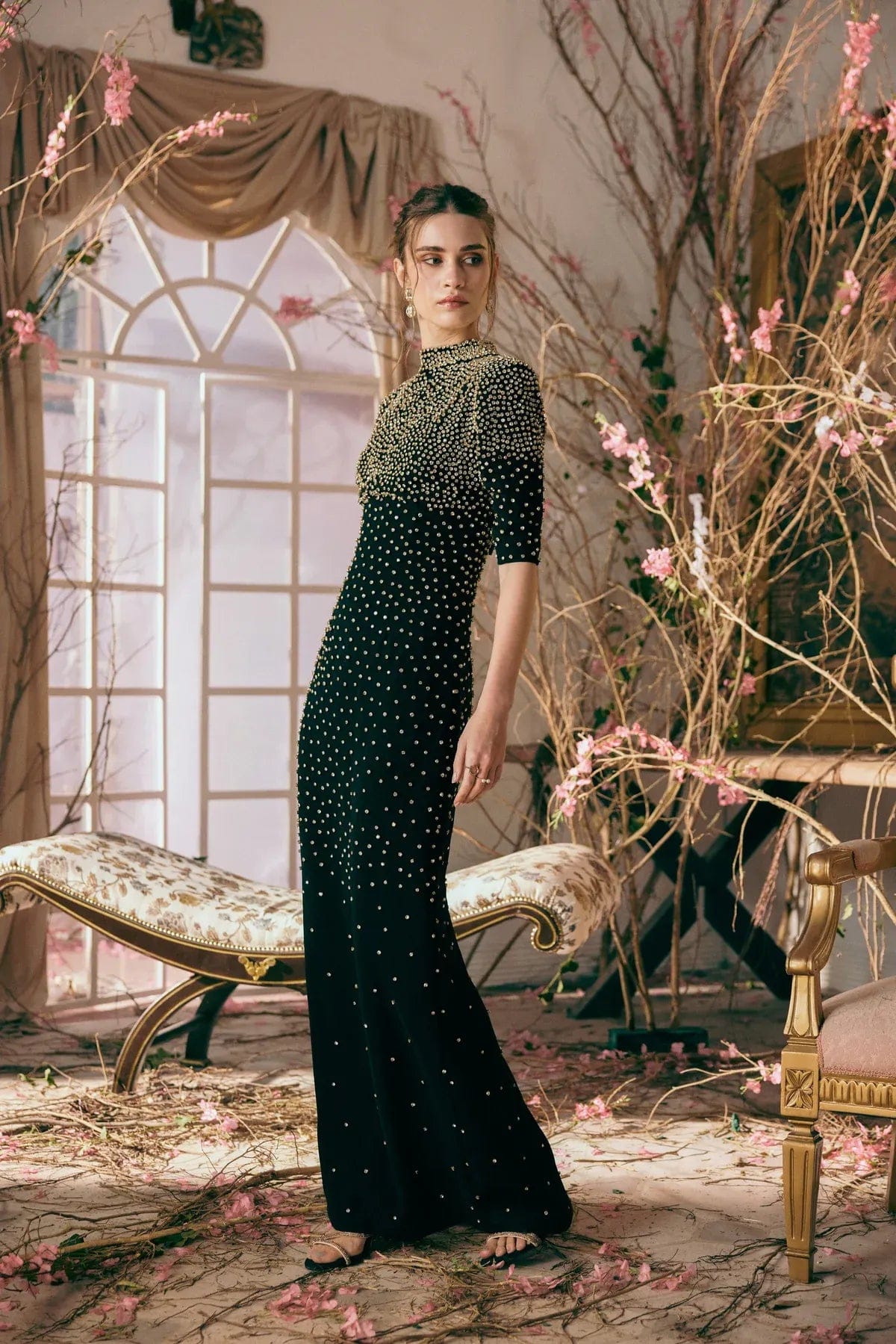 LA FUORI Nyx Constellation Bloom Crystals Embellished Evening Dress in Black