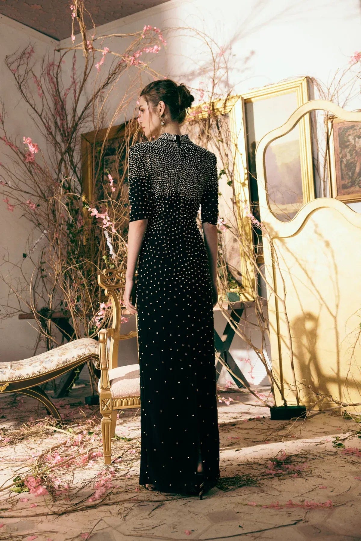 LA FUORI Nyx Constellation Bloom Crystals Embellished Evening Dress in Black