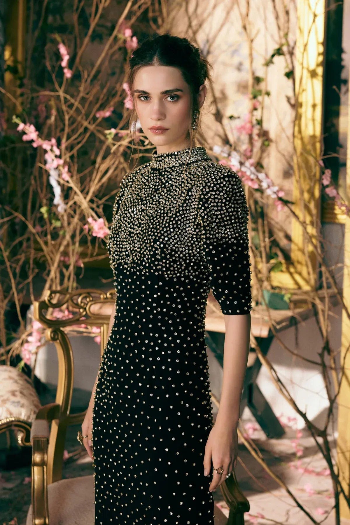 LA FUORI Nyx Constellation Bloom Crystals Embellished Evening Dress in Black