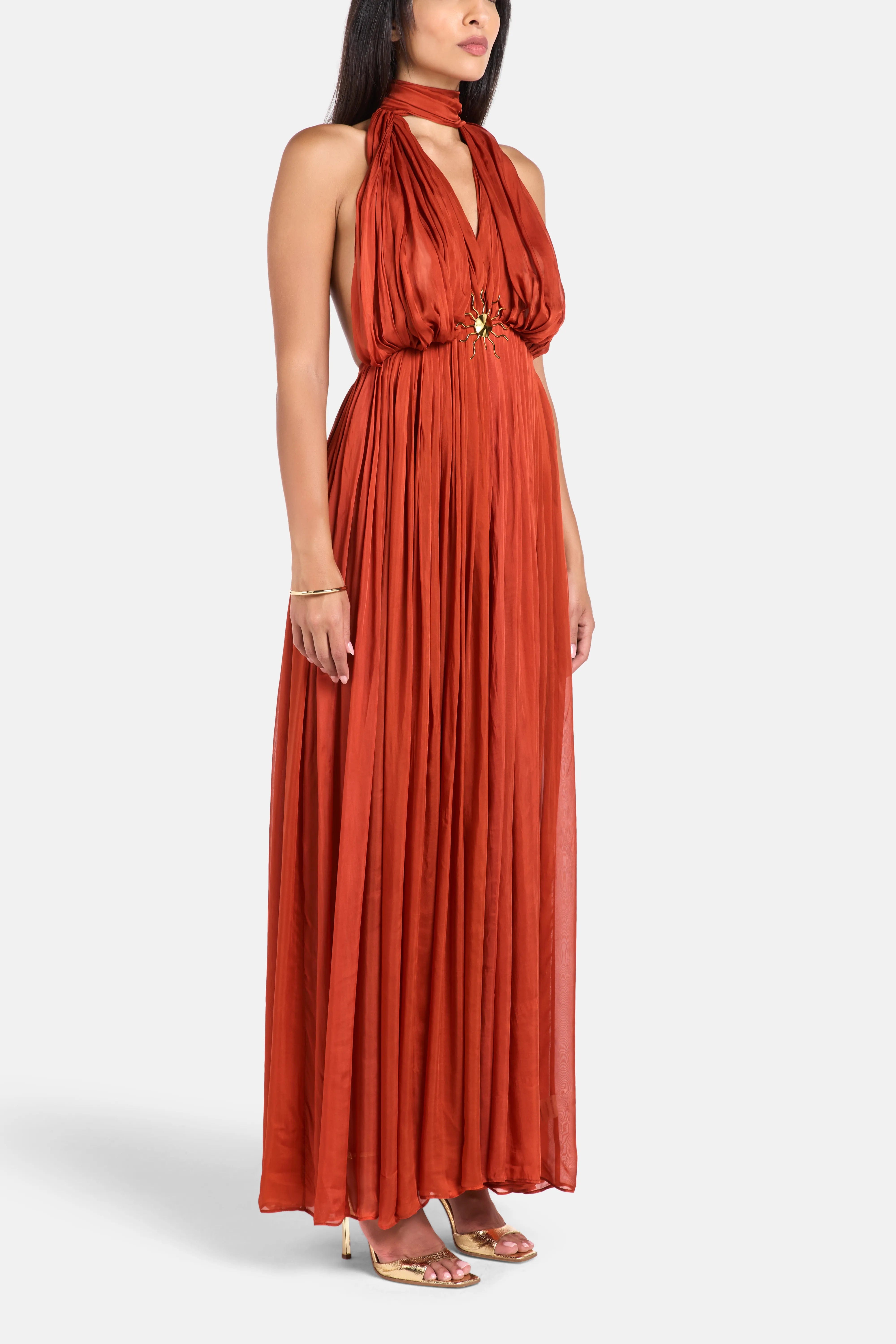 Deme By Gabriella Melania Sleeveless Halter Neck Maxi Dress in Red