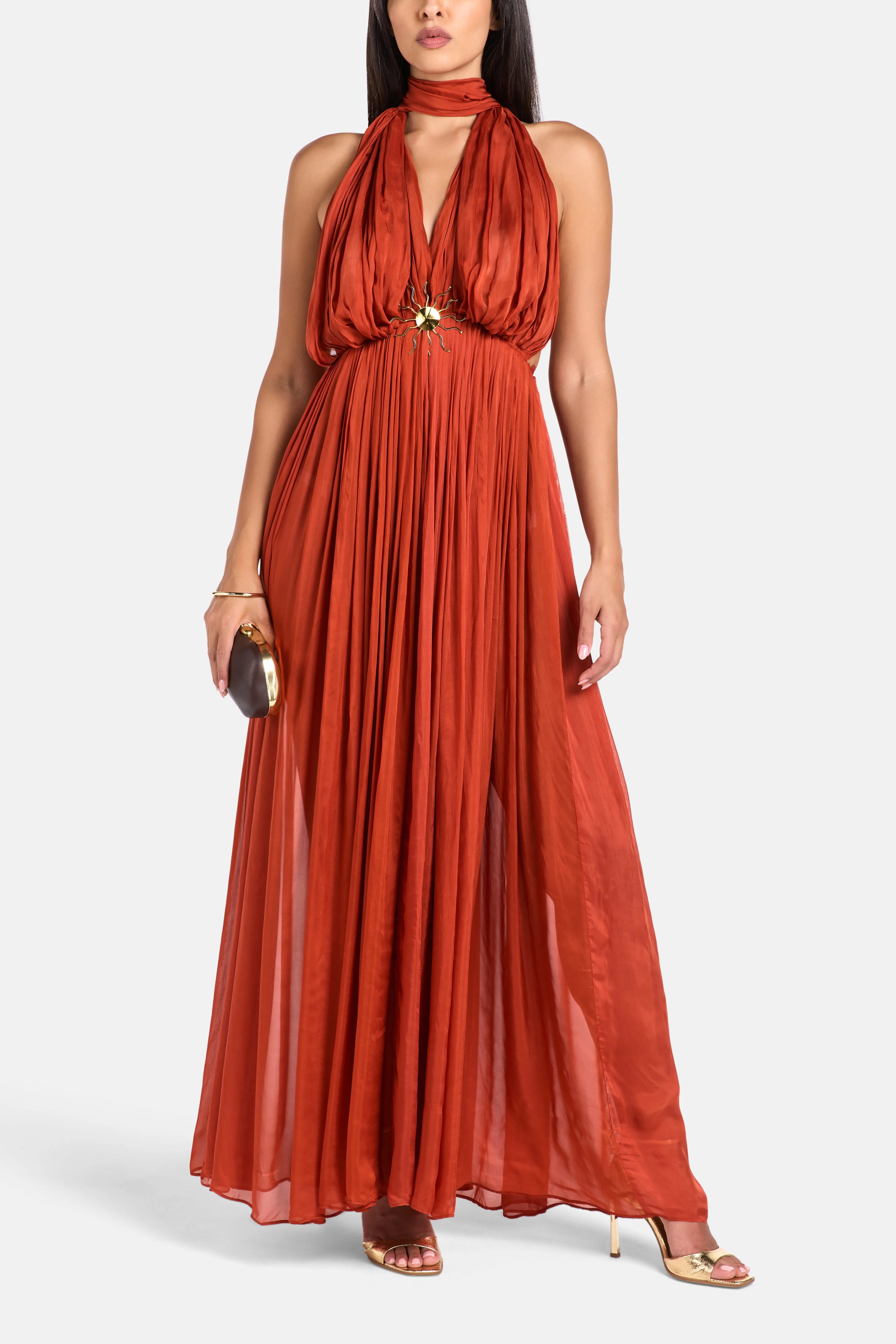 Deme By Gabriella Melania Sleeveless Halter Neck Maxi Dress in Red