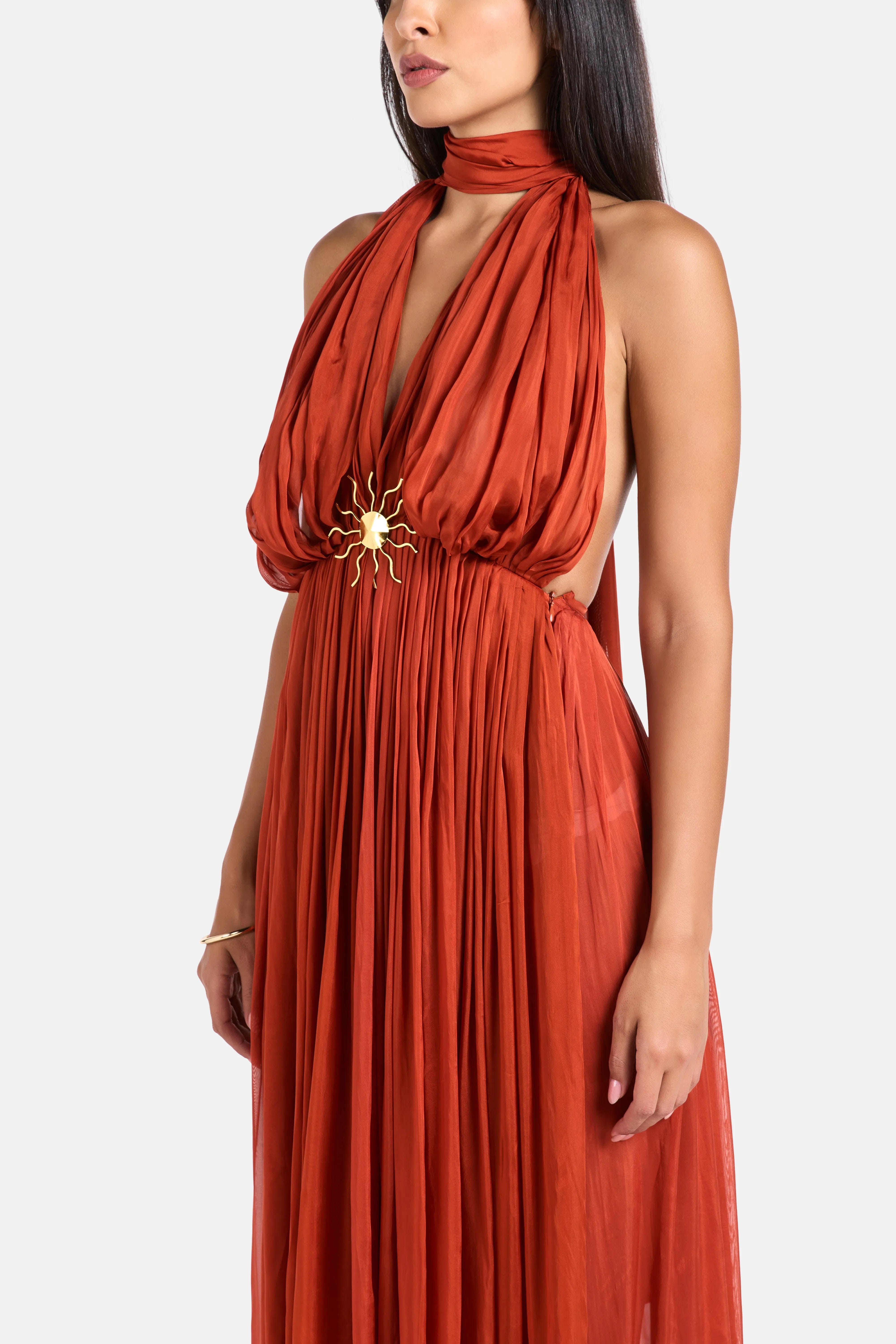 Deme By Gabriella Melania Sleeveless Halter Neck Maxi Dress in Red