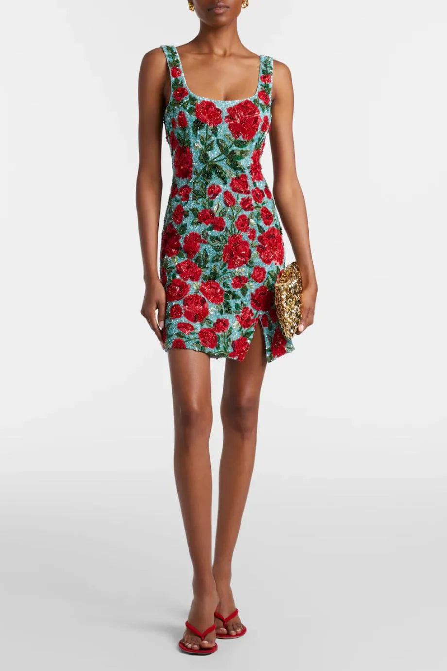 LA FUORI Crimson Rose Sequins Beaded Crystals Sleeveless Mini Dress in Blue