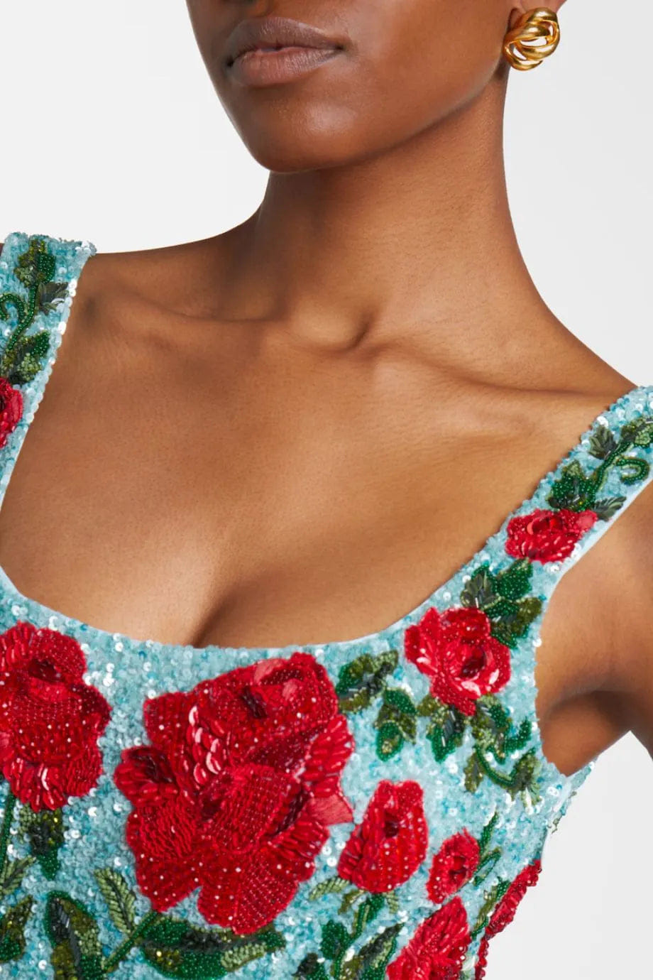 LA FUORI Crimson Rose Sequins Beaded Crystals Sleeveless Mini Dress in Blue