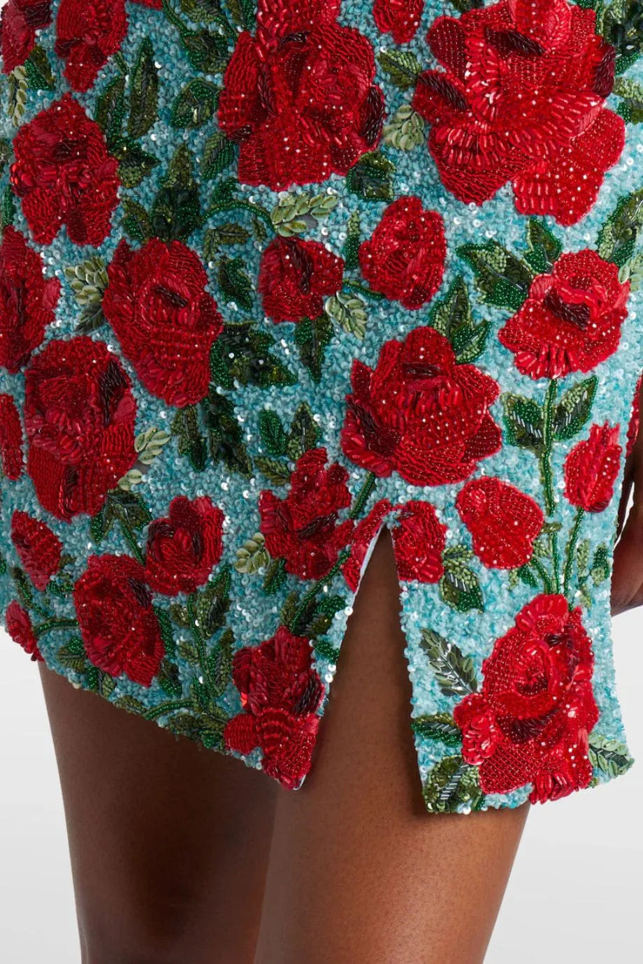 LA FUORI Crimson Rose Sequins Beaded Crystals Sleeveless Mini Dress in Blue