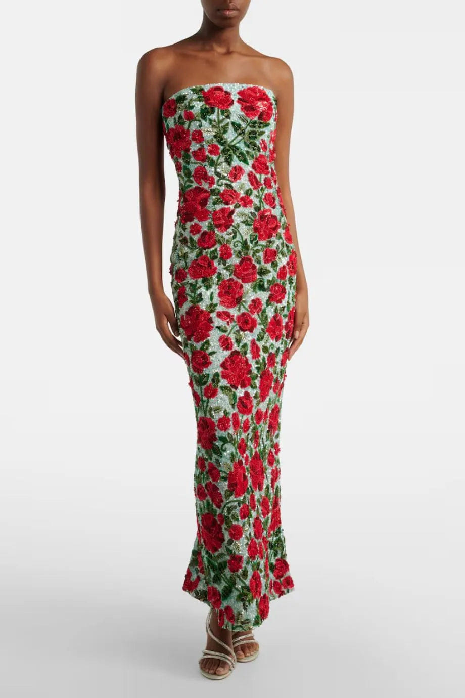 LA FUORI Crimson Rose Sequins Beaded Crystals Strapless Evening Dress in Blue
