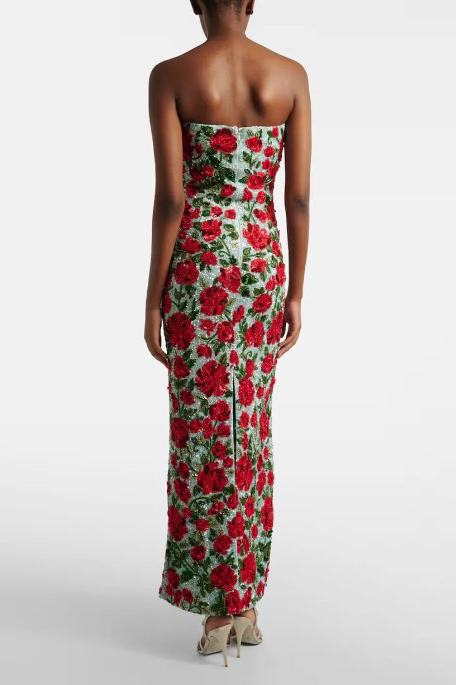 LA FUORI Crimson Rose Sequins Beaded Crystals Strapless Evening Dress in Blue