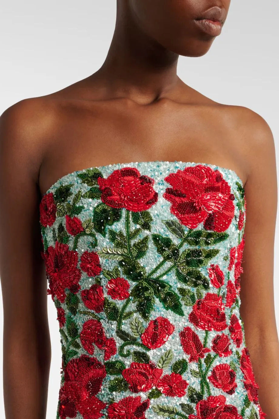 LA FUORI Crimson Rose Sequins Beaded Crystals Strapless Evening Dress in Blue