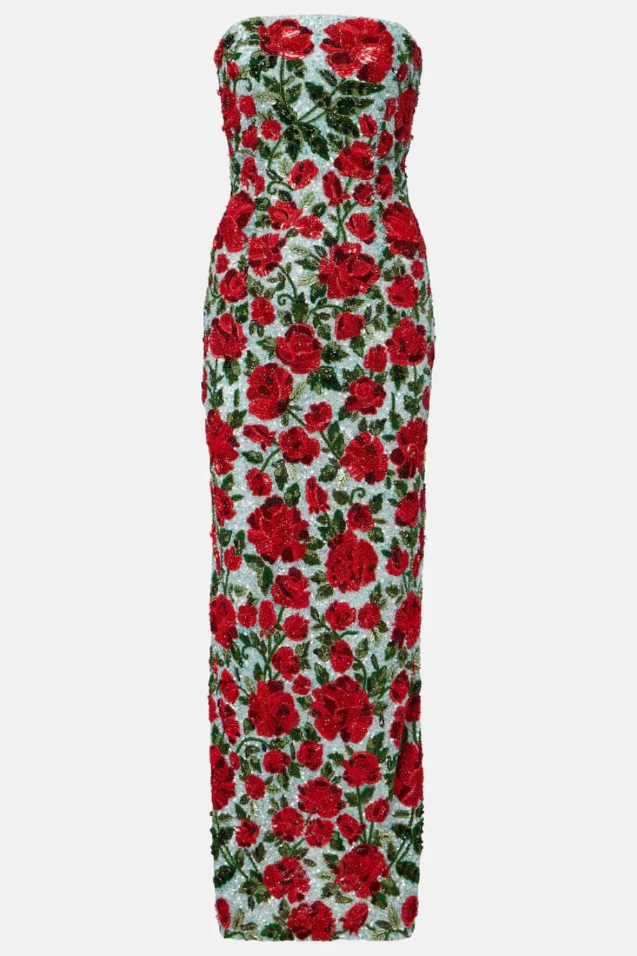 LA FUORI Crimson Rose Sequins Beaded Crystals Strapless Evening Dress in Blue