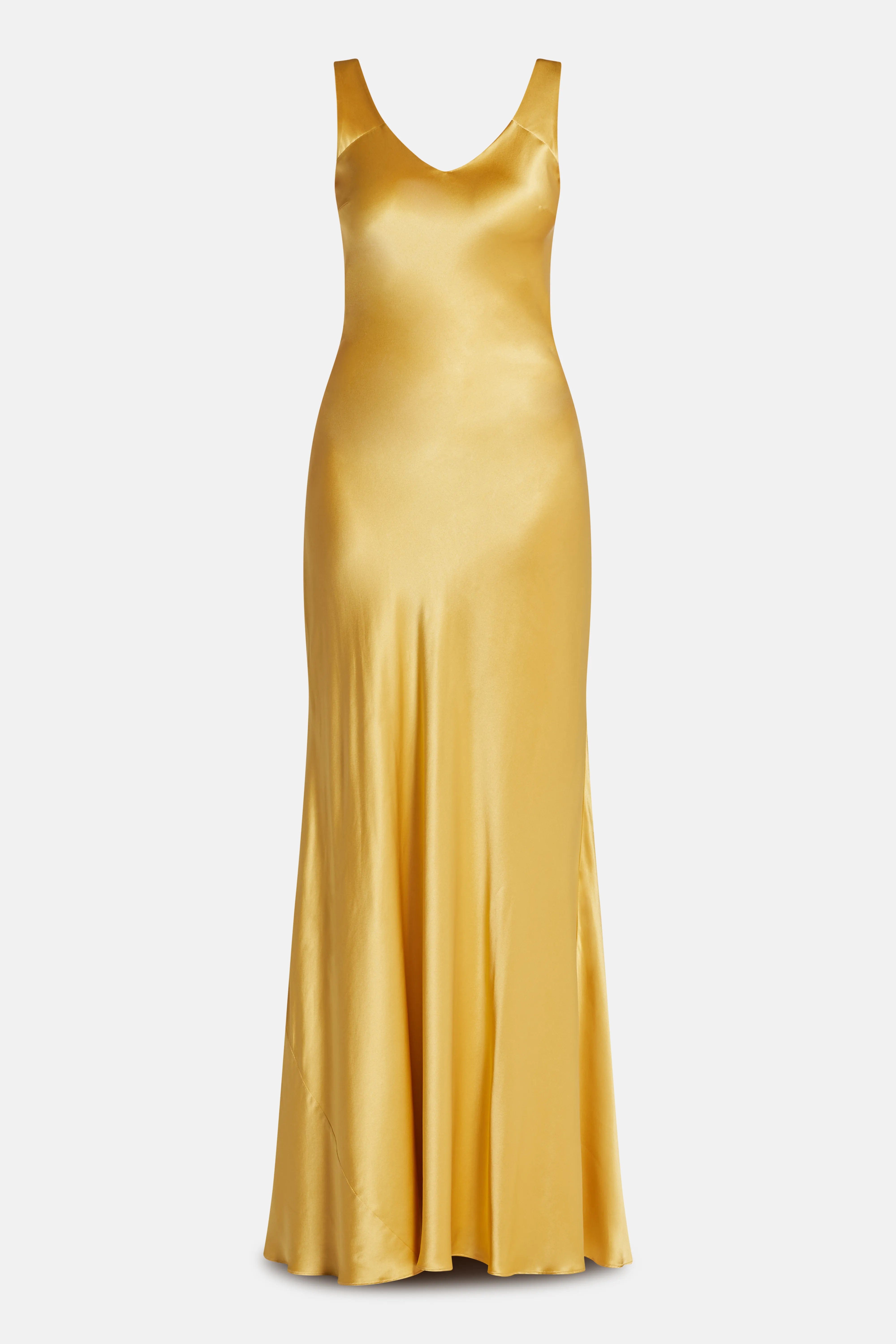 Vasiliki Malika Trail Back Sleeveless Silk Evening Dress in Gold