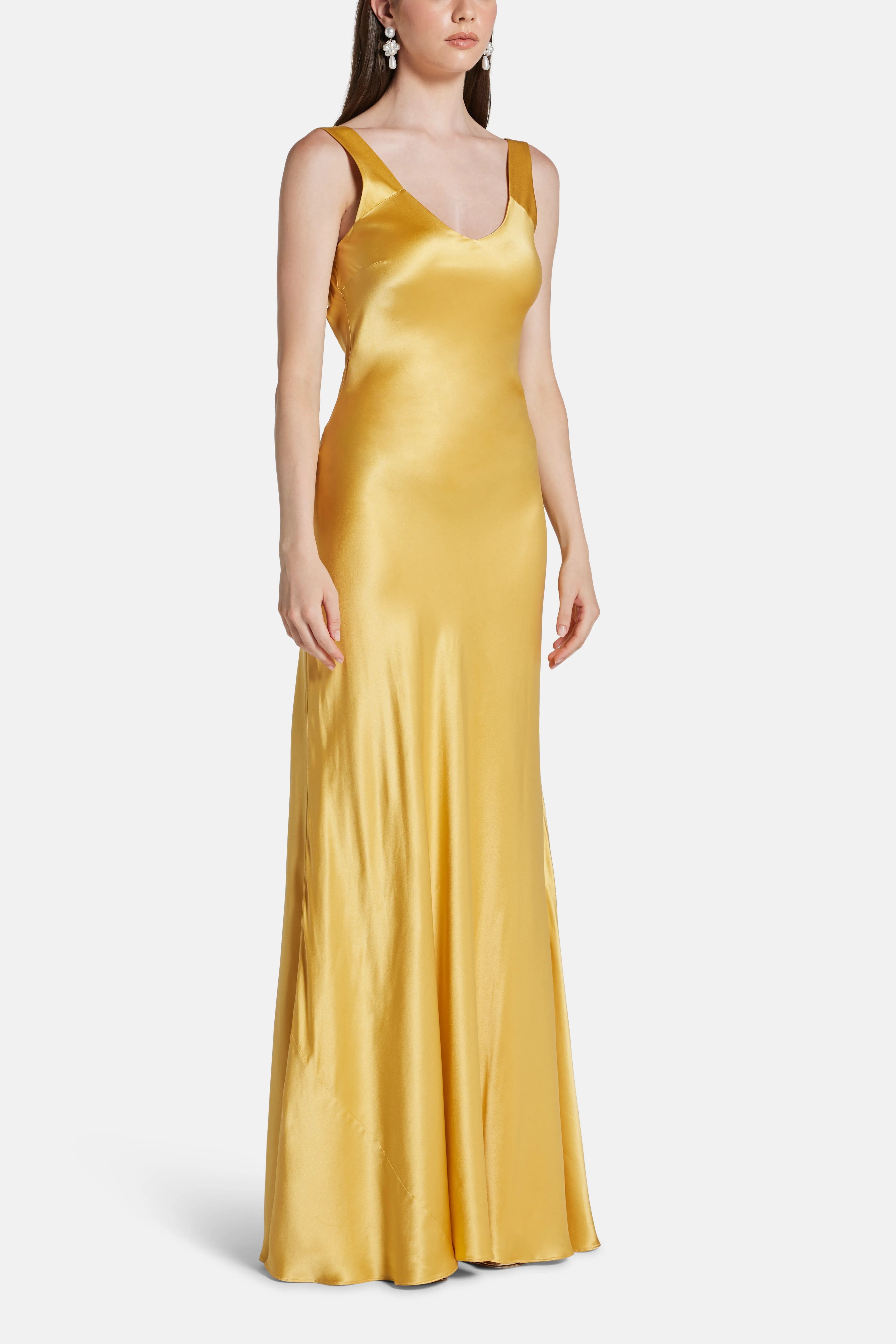 Vasiliki Malika Trail Back Sleeveless Silk Evening Dress in Gold