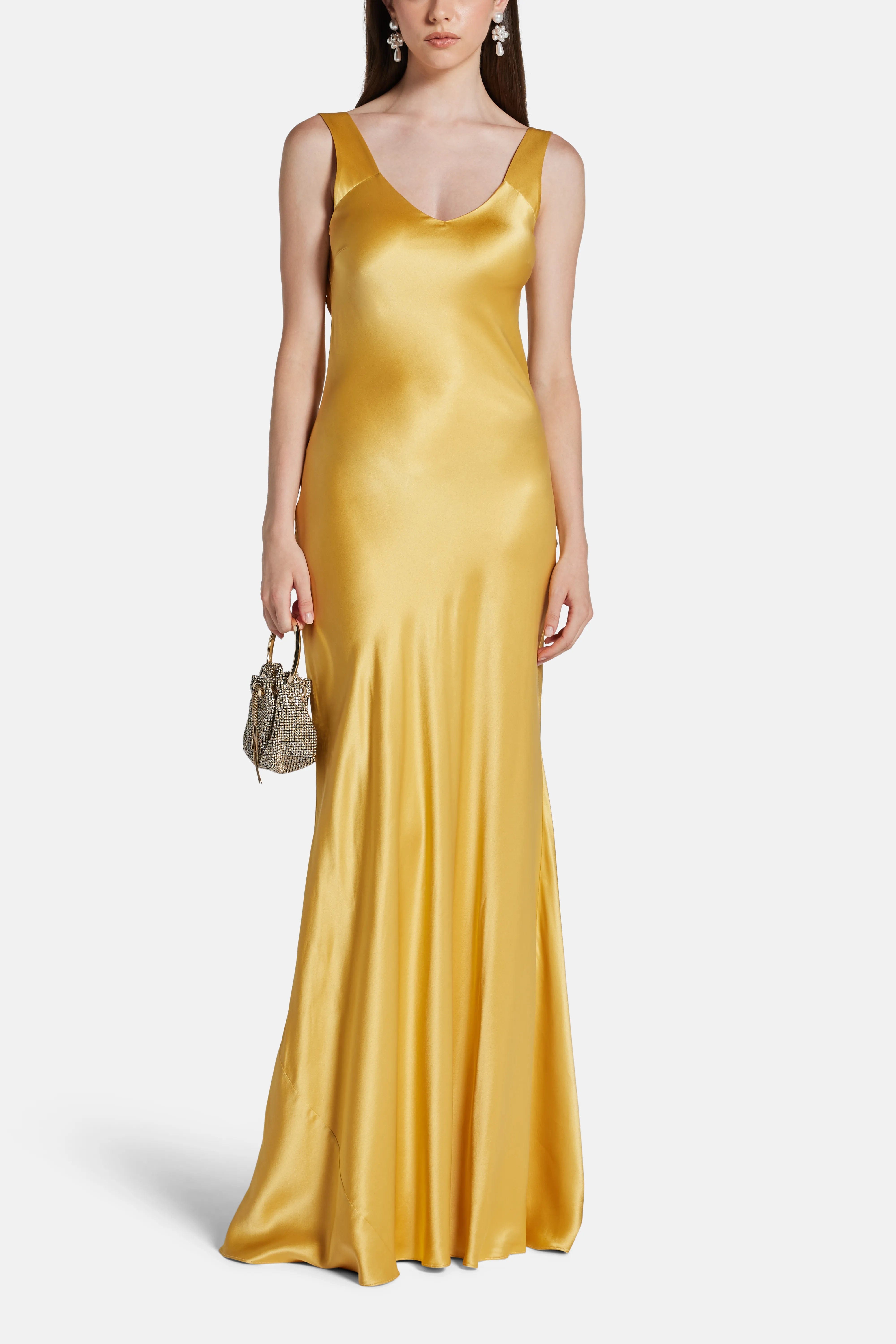 Vasiliki Malika Trail Back Sleeveless Silk Evening Dress in Gold
