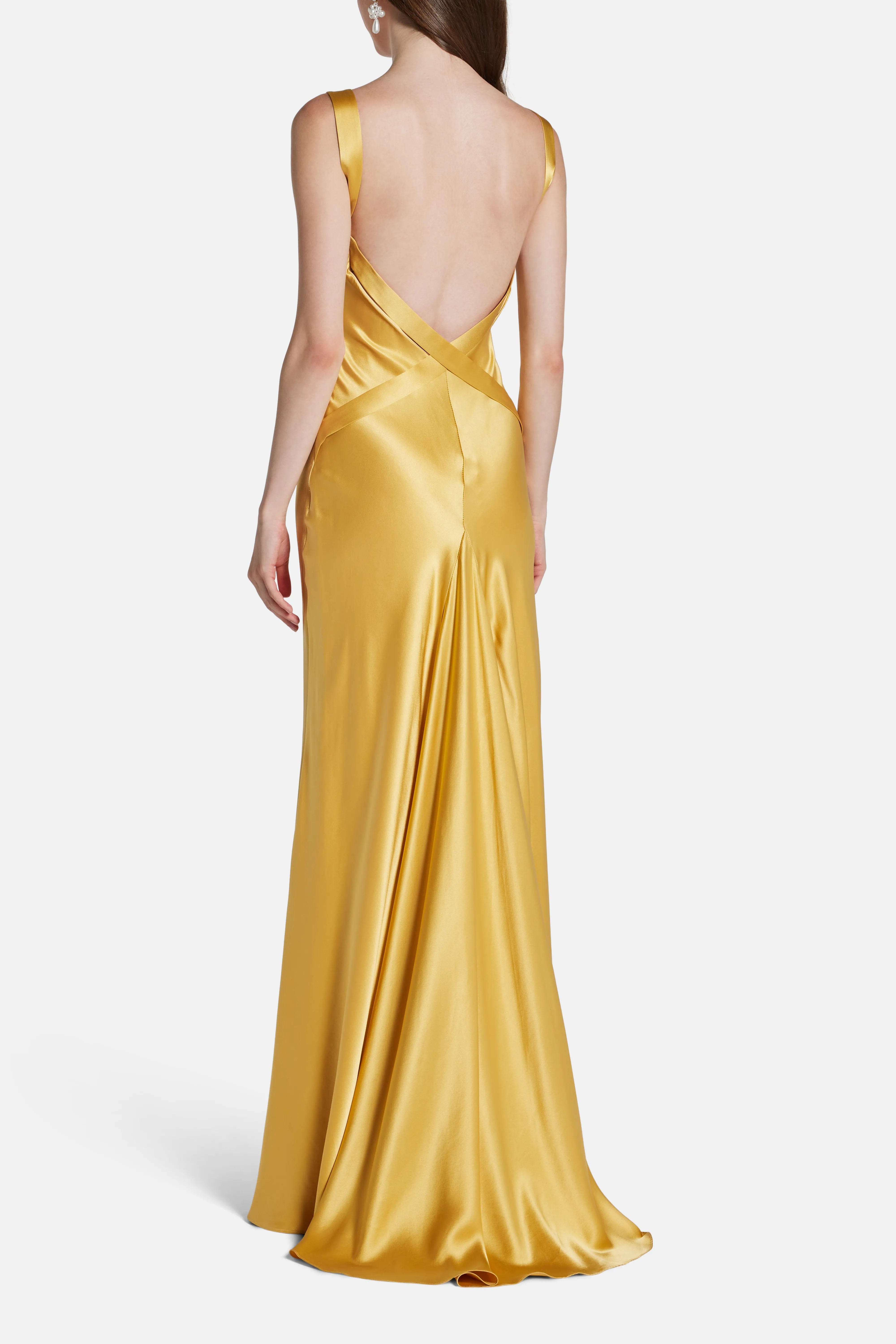 Vasiliki Malika Trail Back Sleeveless Silk Evening Dress in Gold