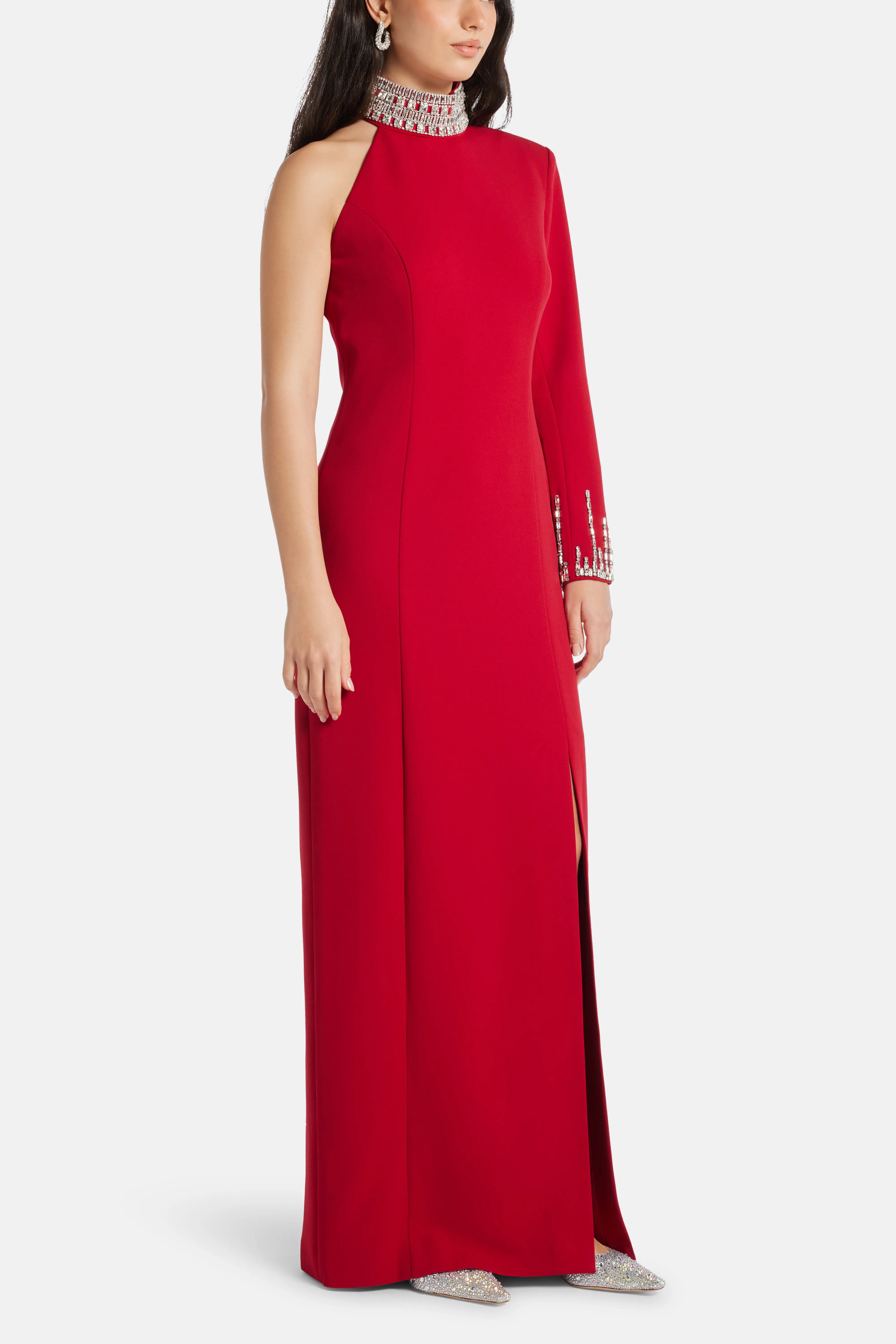 COPURS Sofia Embellished One Shoulder Evening Dress in Red