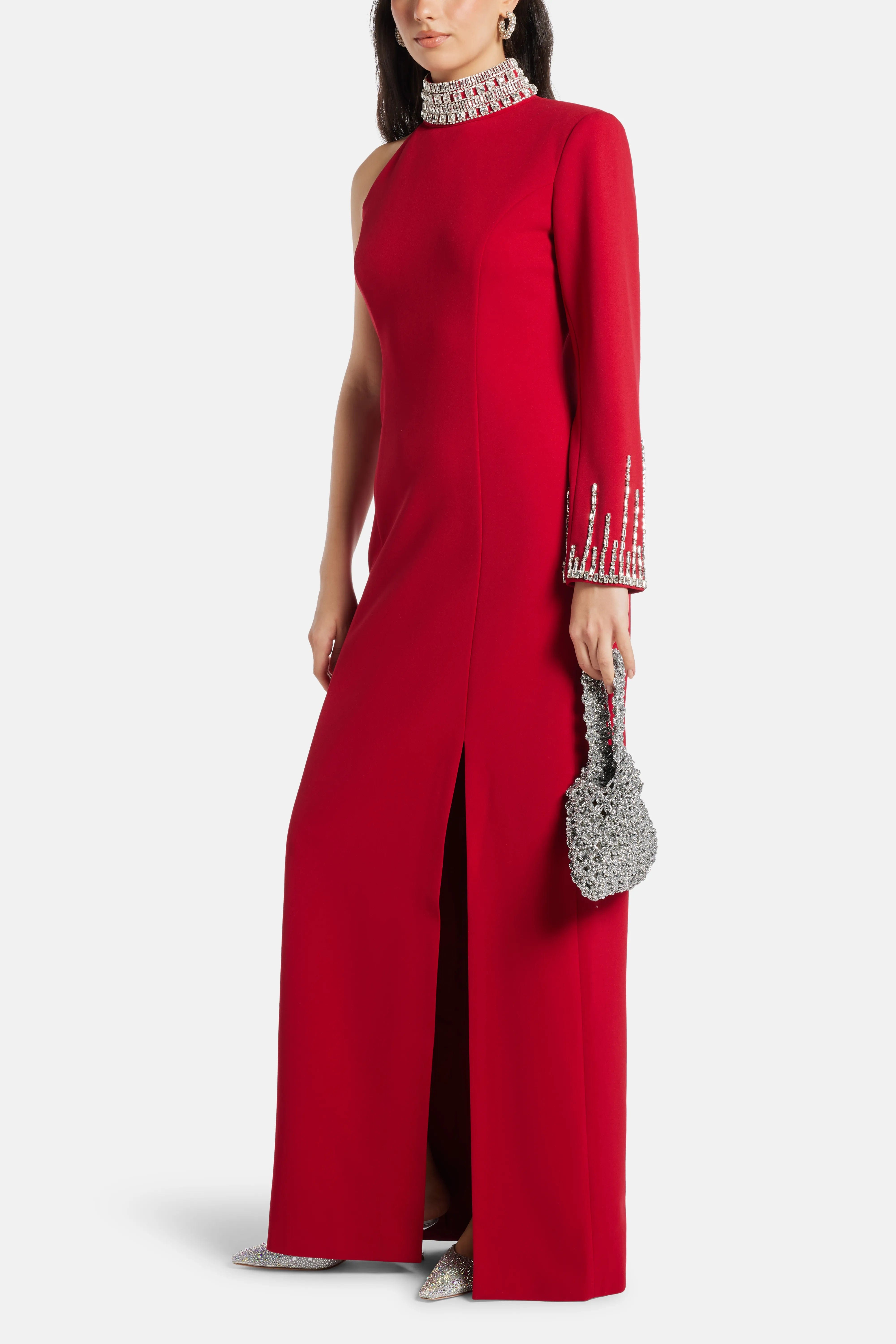 COPURS Sofia Embellished One Shoulder Evening Dress in Red