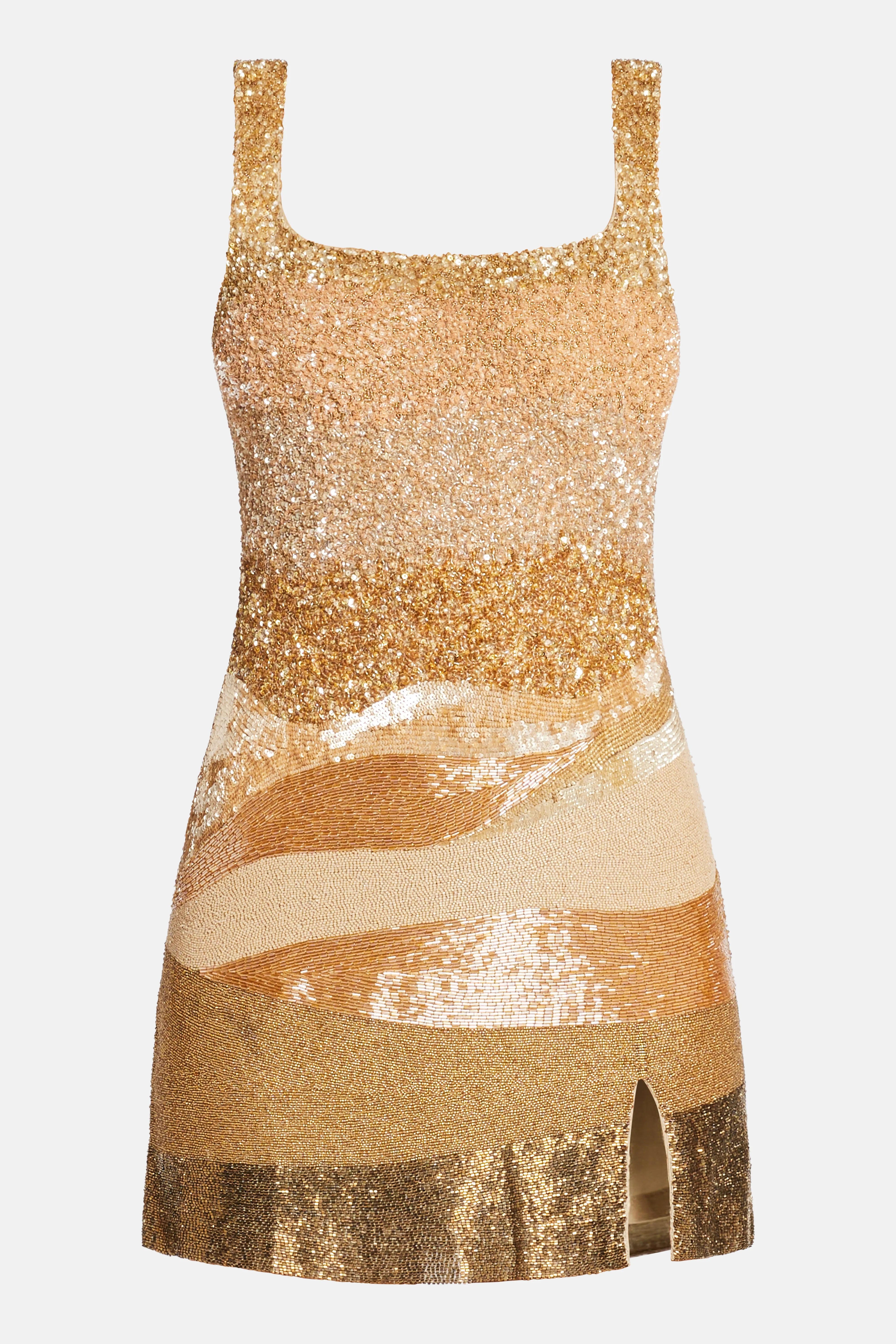 LA FUORI Dubai Golden Dune With Beading Sleeveless Sequins Mini Dress in Gold