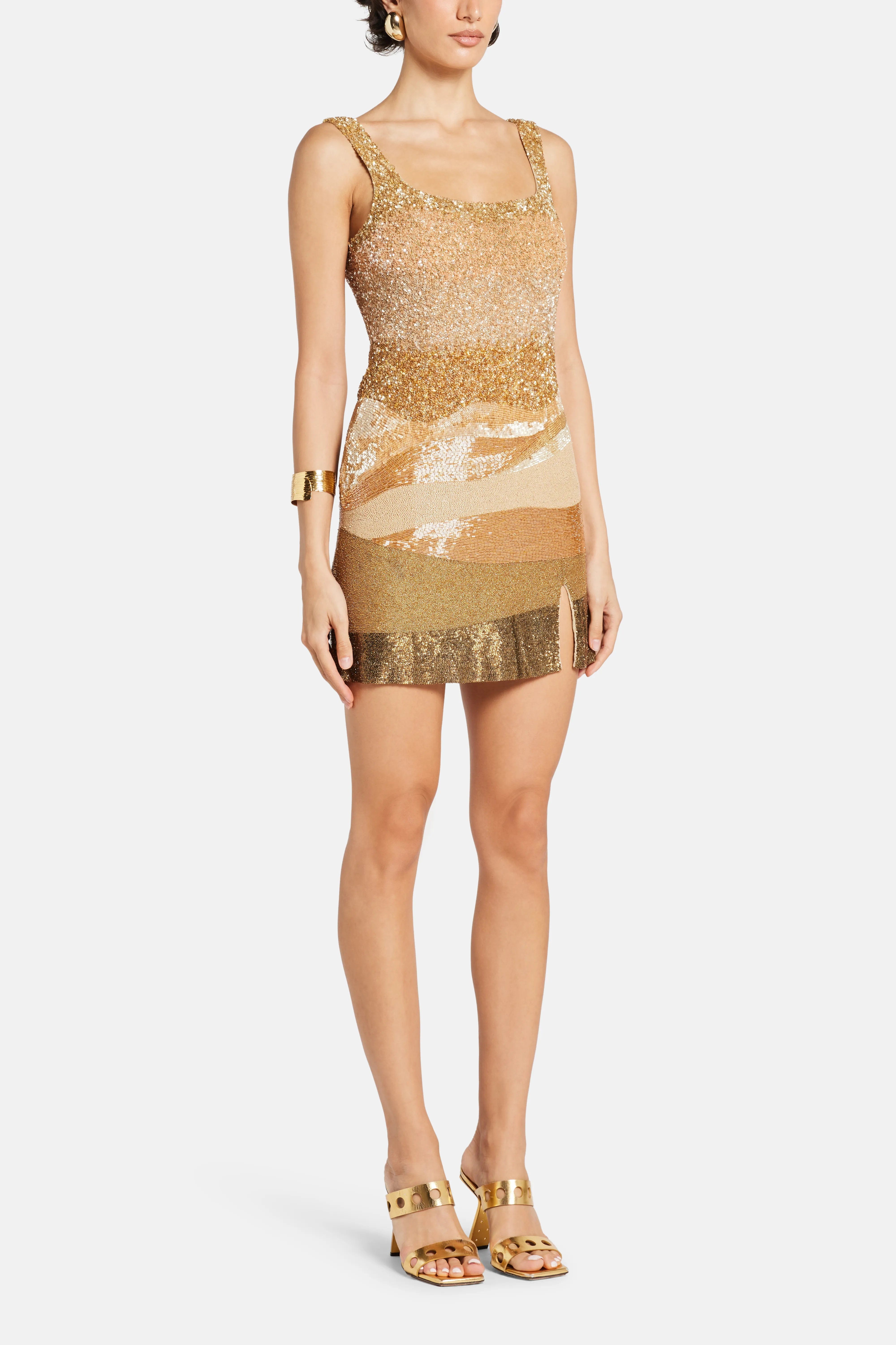 LA FUORI Dubai Golden Dune With Beading Sleeveless Sequins Mini Dress in Gold