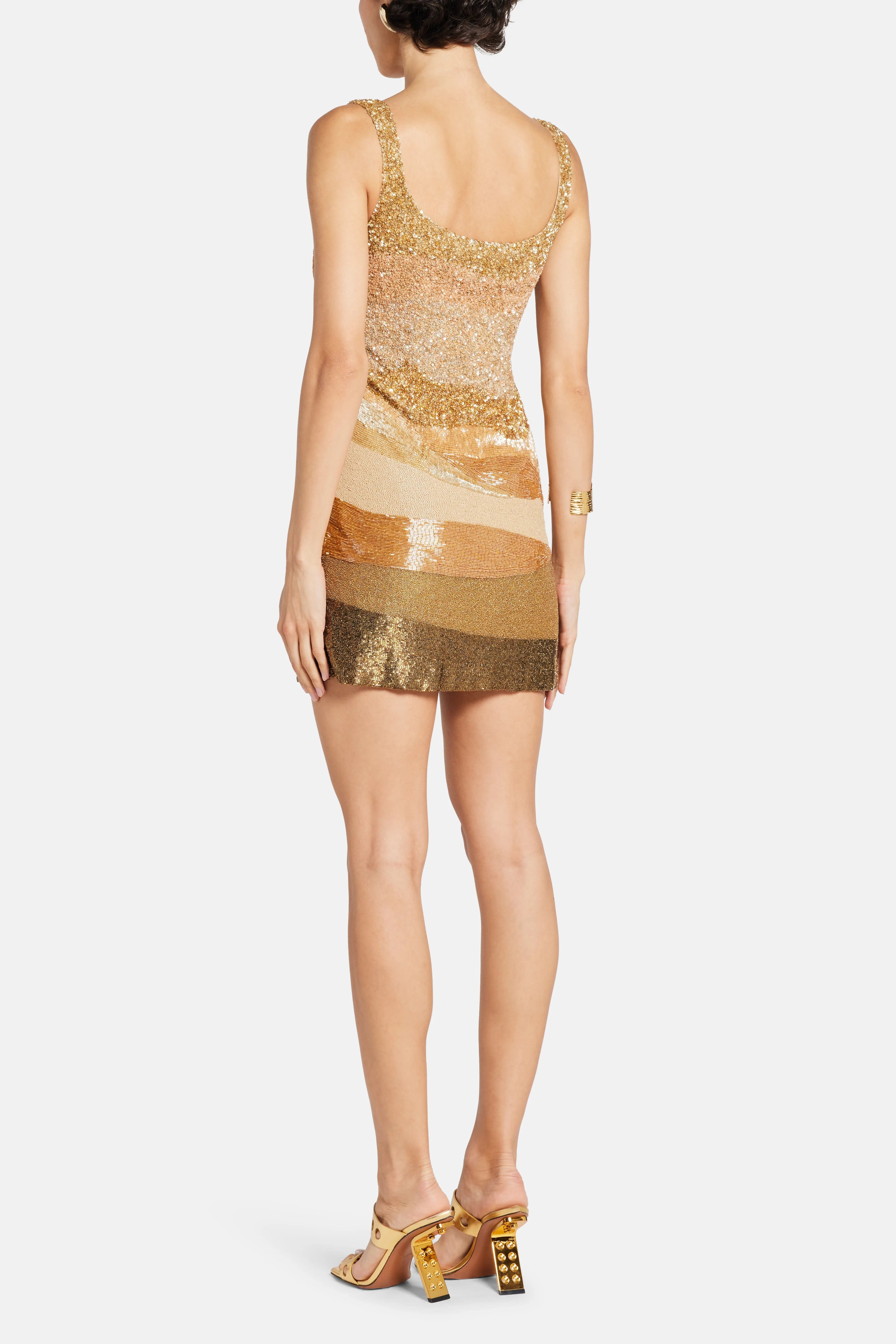 LA FUORI Dubai Golden Dune With Beading Sleeveless Sequins Mini Dress in Gold