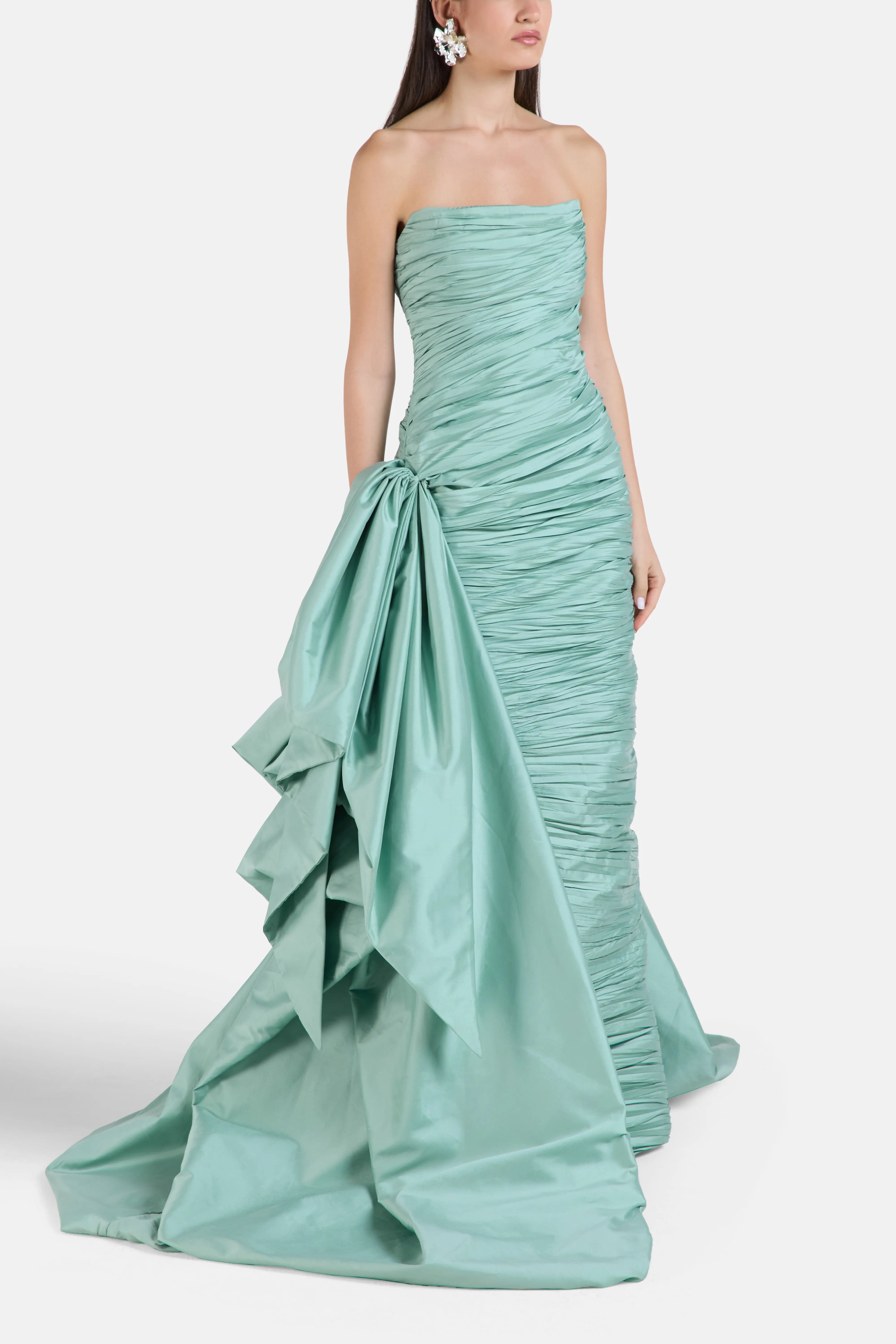 MARMAR HALIM Strapless Evening Gown in Green with Side Train