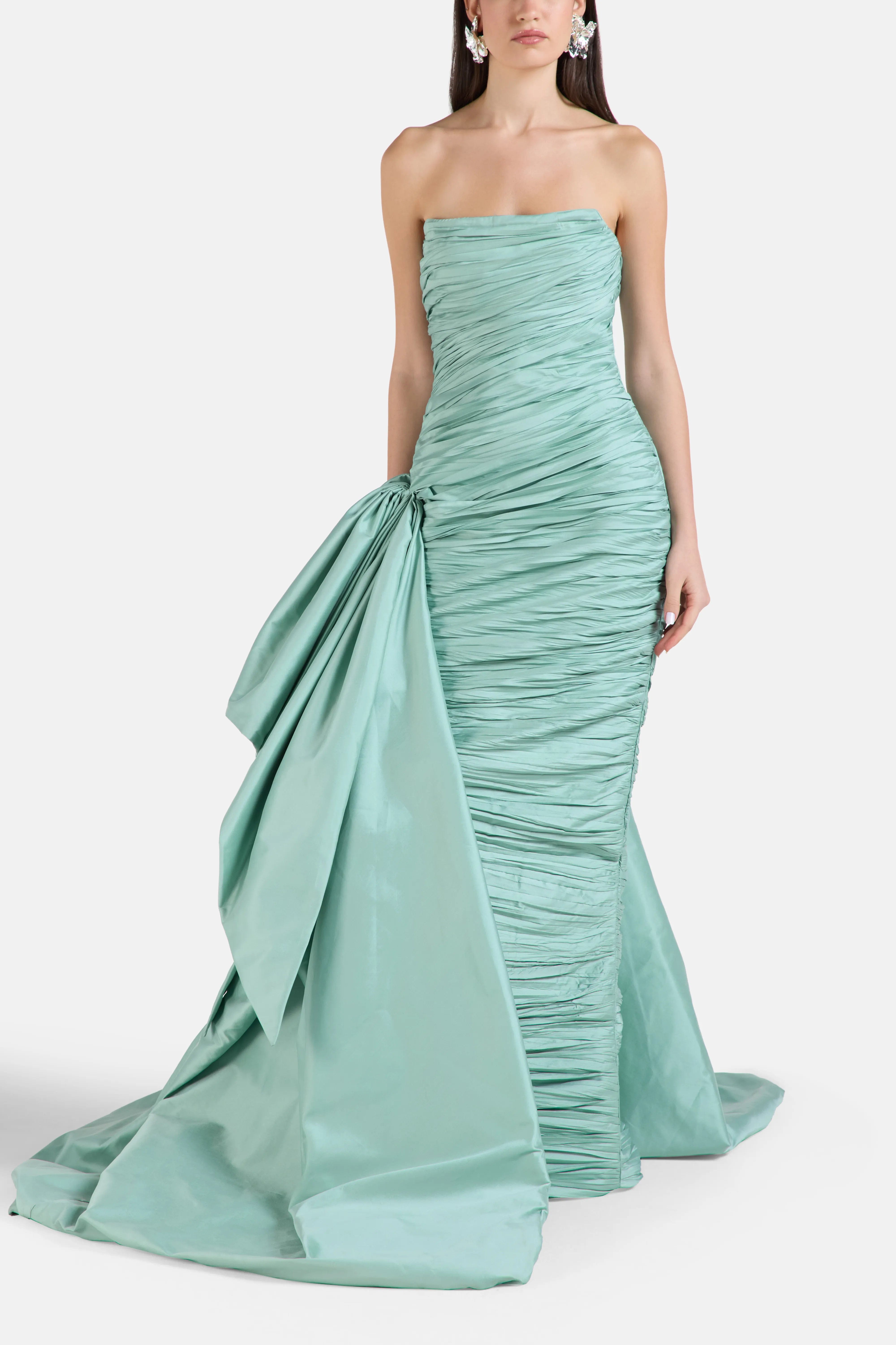 MARMAR HALIM Strapless Evening Gown in Green with Side Train