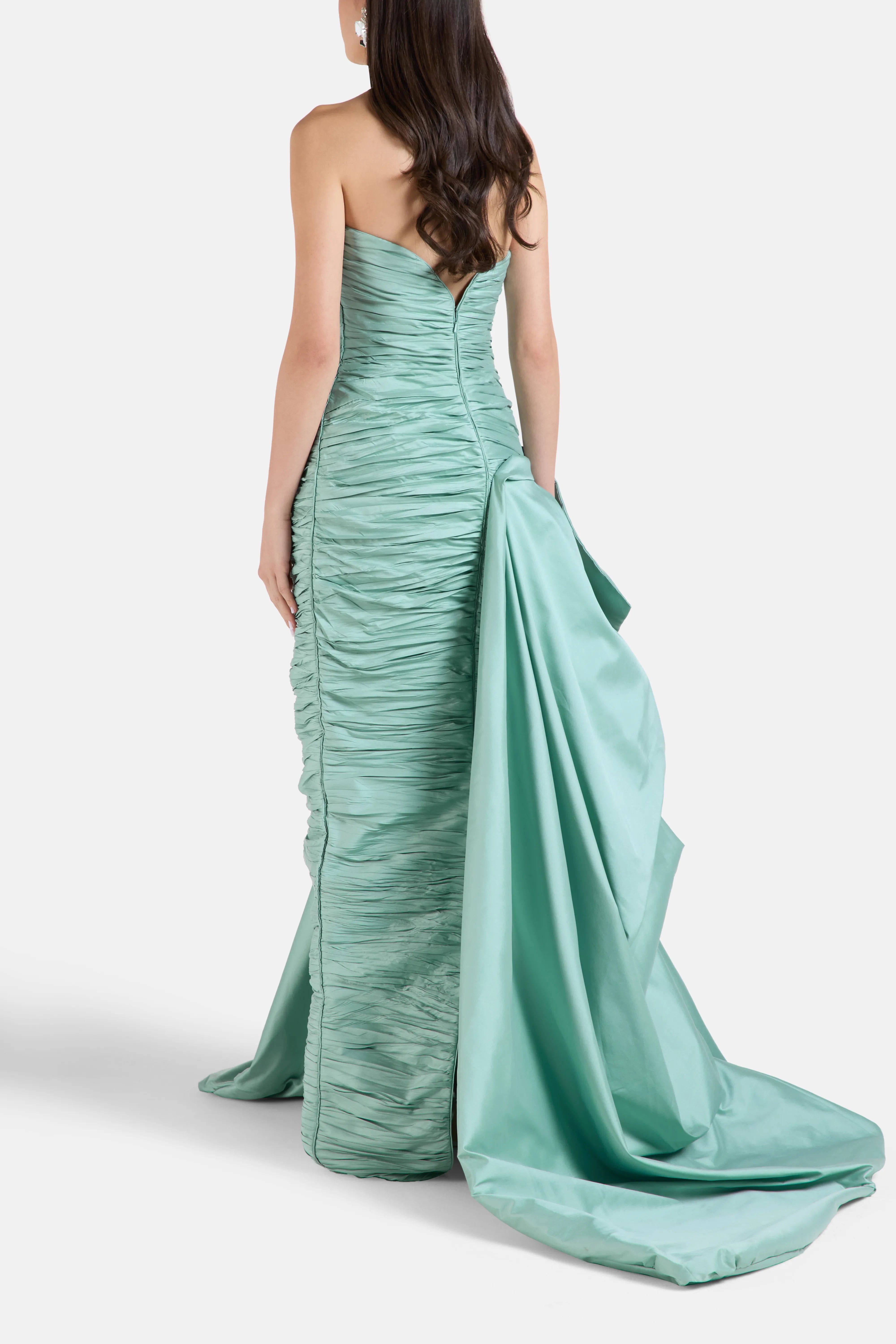 MARMAR HALIM Strapless Evening Gown in Green with Side Train