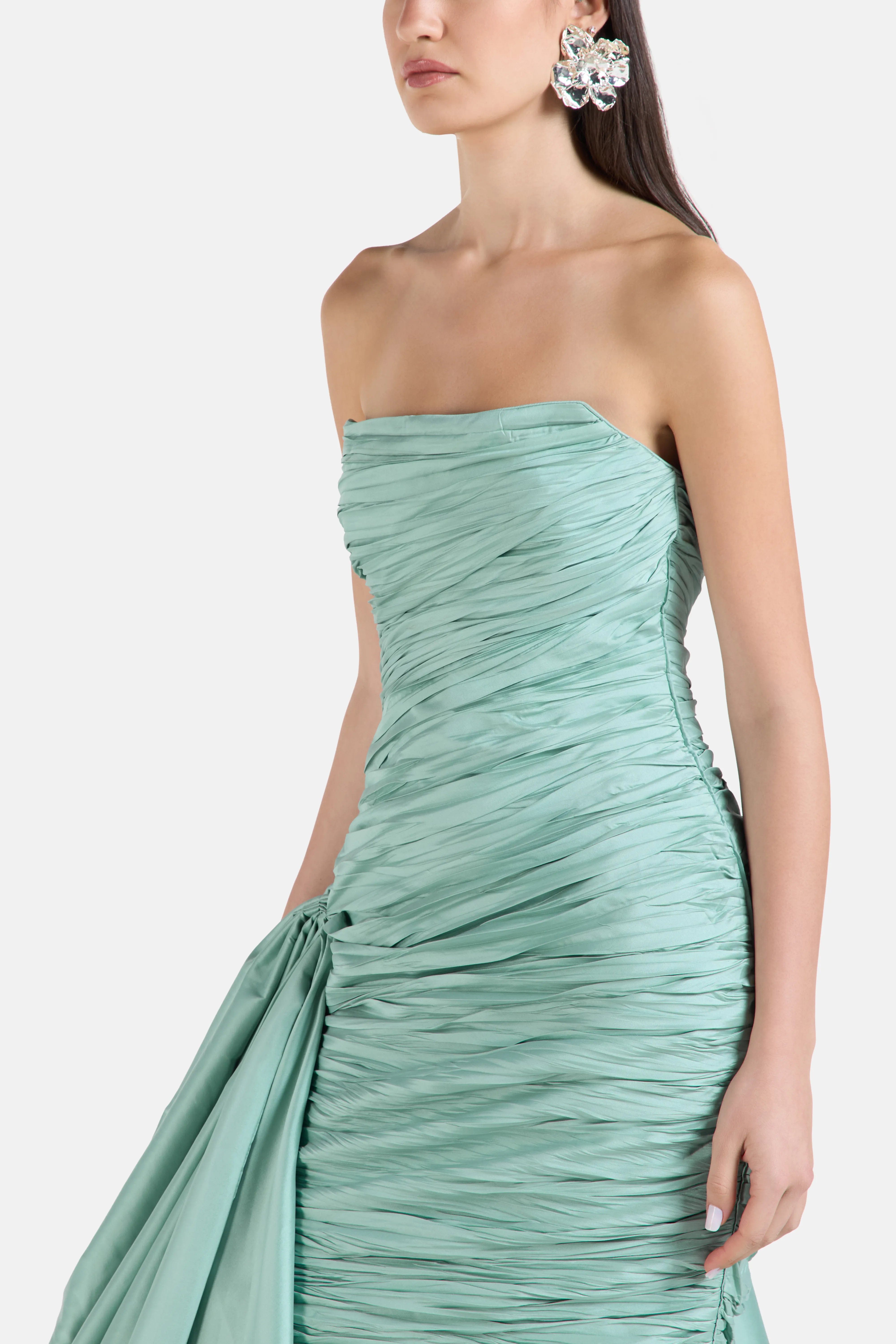 MARMAR HALIM Strapless Evening Gown in Green with Side Train