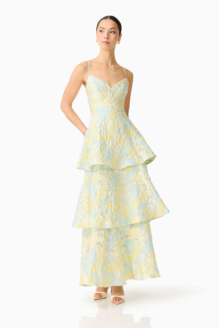 ELLIATT Penelope Tiered Floral Sleeveless Maxi Dress in Yellow