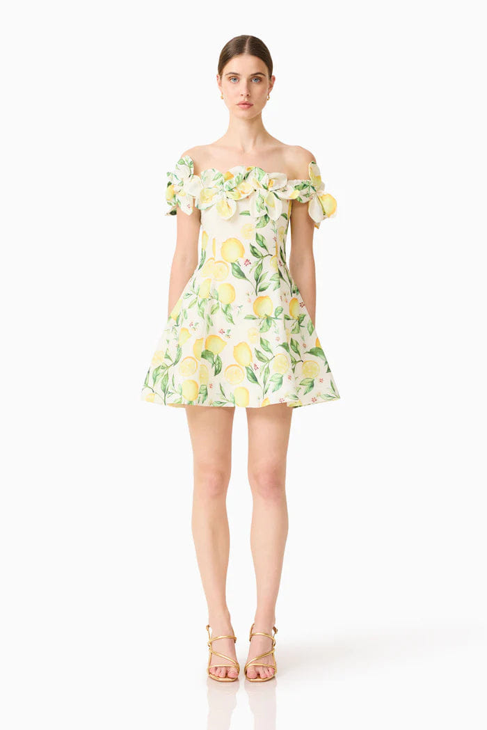ELLIATT Hana Off Shoulder Lemon Printed Off Shoulder Mini Dress in Yellow