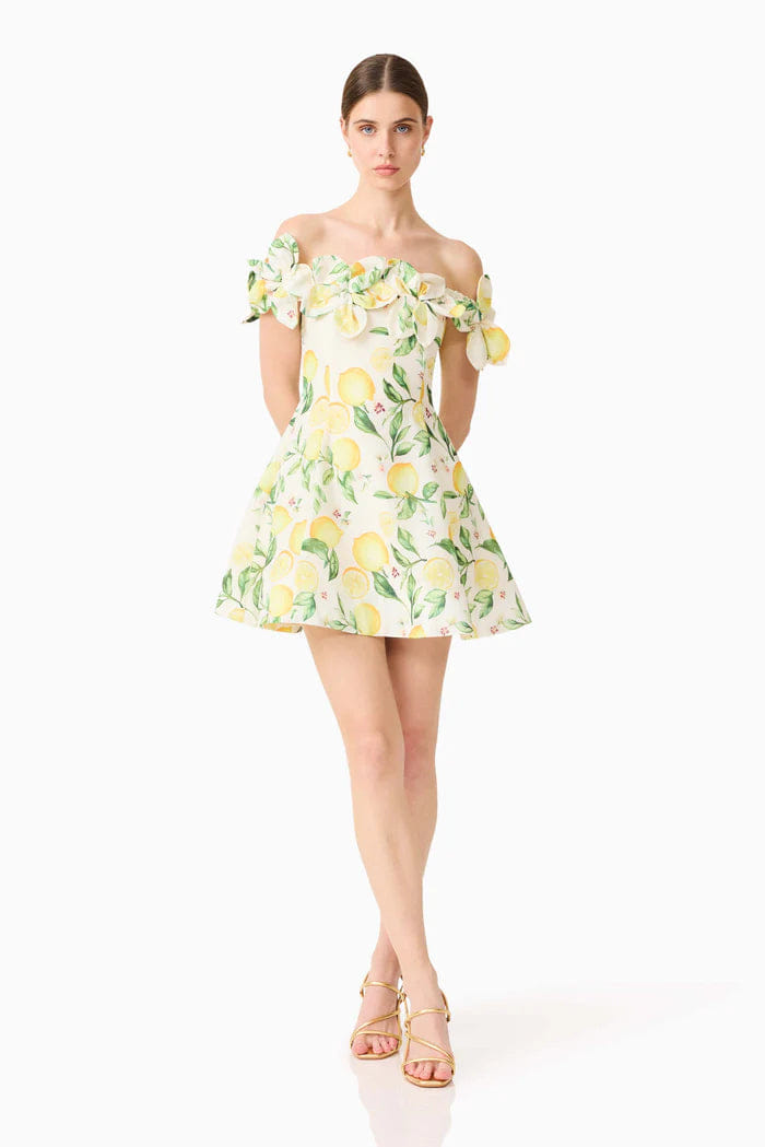 ELLIATT Hana Off Shoulder Lemon Printed Off Shoulder Mini Dress in Yellow