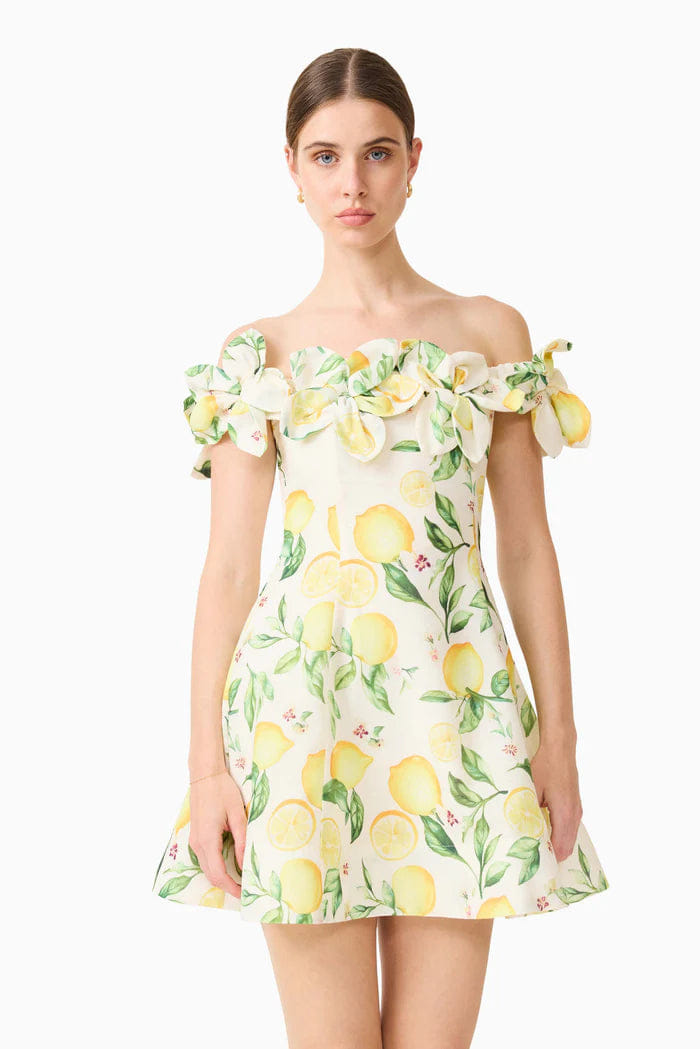 ELLIATT Hana Off Shoulder Lemon Printed Off Shoulder Mini Dress in Yellow