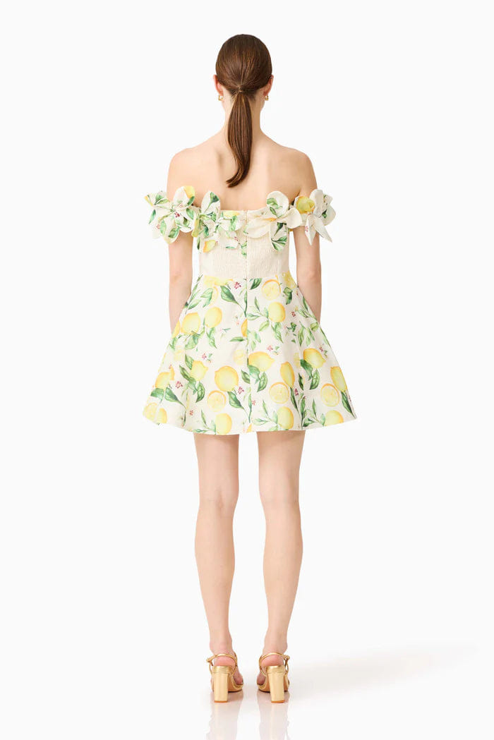 ELLIATT Hana Off Shoulder Lemon Printed Off Shoulder Mini Dress in Yellow